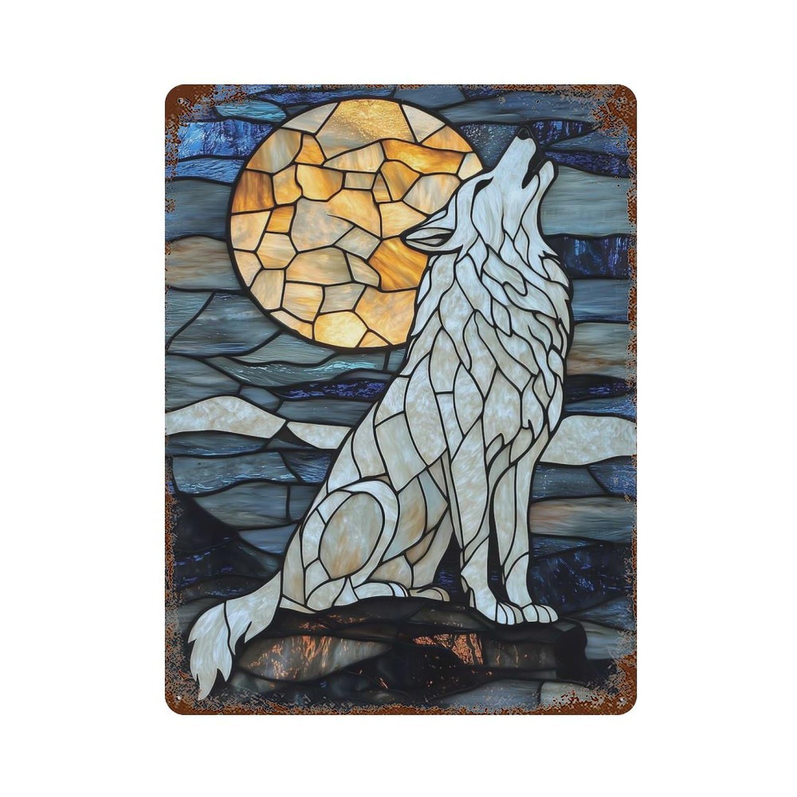 Decorative Tin Sign Stained Glass Wolf Howling 15.7"x11.8", Novelty Wall Decor for Shed, Workshop And Garage Wall Decor