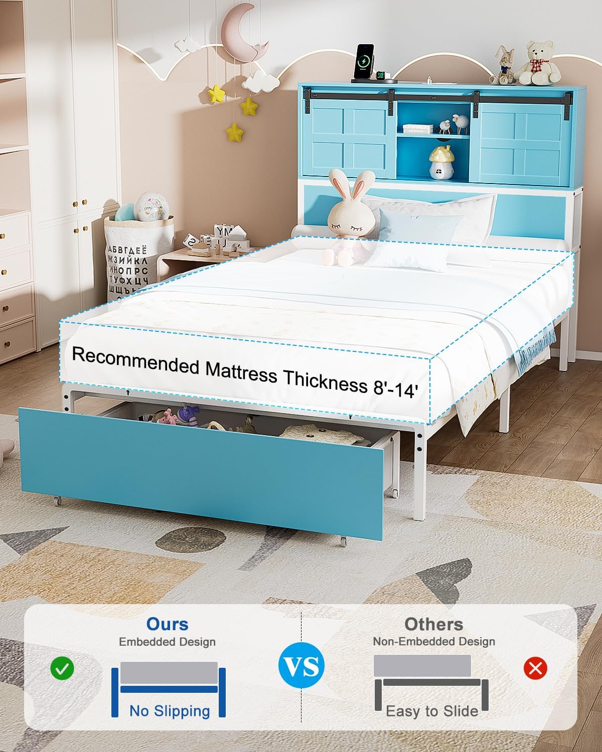 Twin Size Bed Frame, Storage Headboard with Drawers, 3-in-1 Charging Hub & Nightstand, Strong Metal Slats, No Box Spring Required, No Box Springs Needed - Good Night's Sleep (Blue)