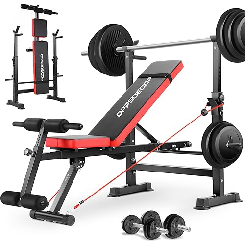 OPPSDECOR 600lbs 6 in 1 Weight Bench Set with Squat Rack, Foldable Adjustable Bench Press Set with Removable Foot Catch, Workout Bench for Home Gym