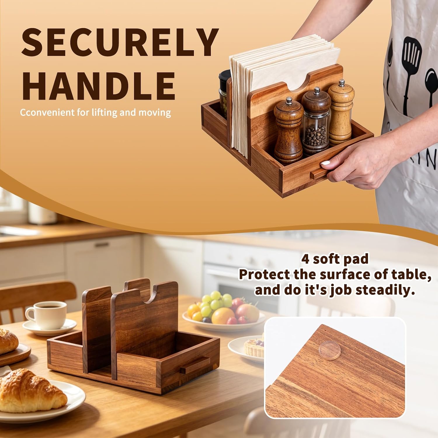 GinSent Wooden Napkin Holder for Table, with Salt and Pepper Caddy