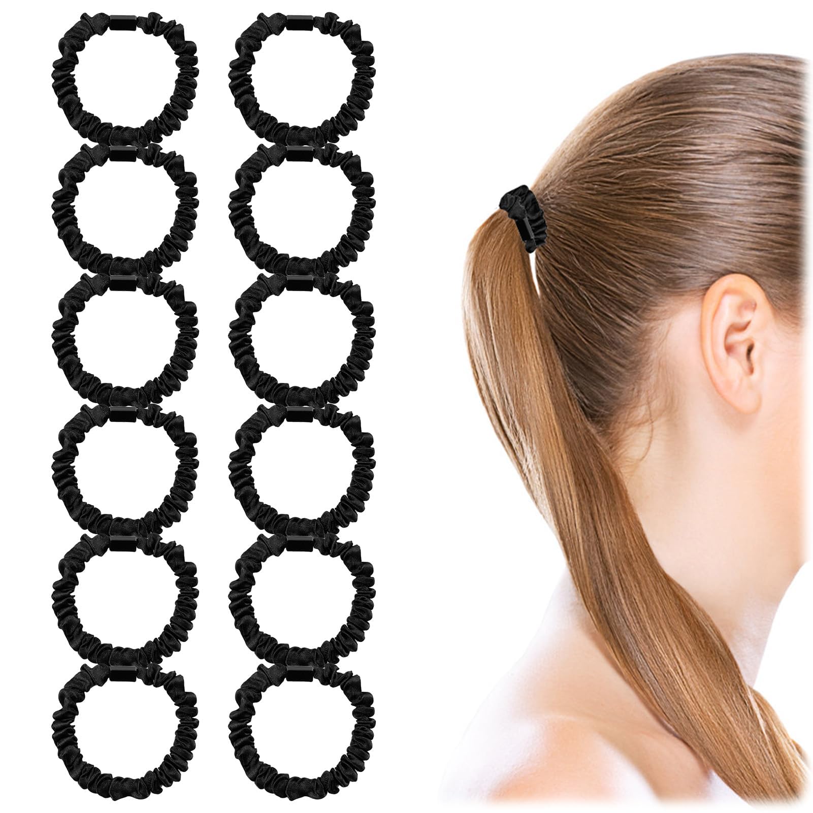 12 Pcs Silk Skinny Scrunchies Set, 100% Pure Mulberry Silk, Satin Hair Ties & Scrunchies for Girls & Women