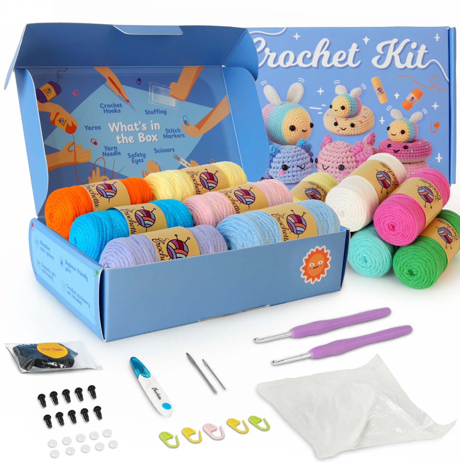 Crochetta Crochet Kit for Beginners Adults - Complete Starter Set with Crochet Hooks, Scissors, Stitch Markers + 12-Colored Yarn 45-50 Yards (20g) per Color