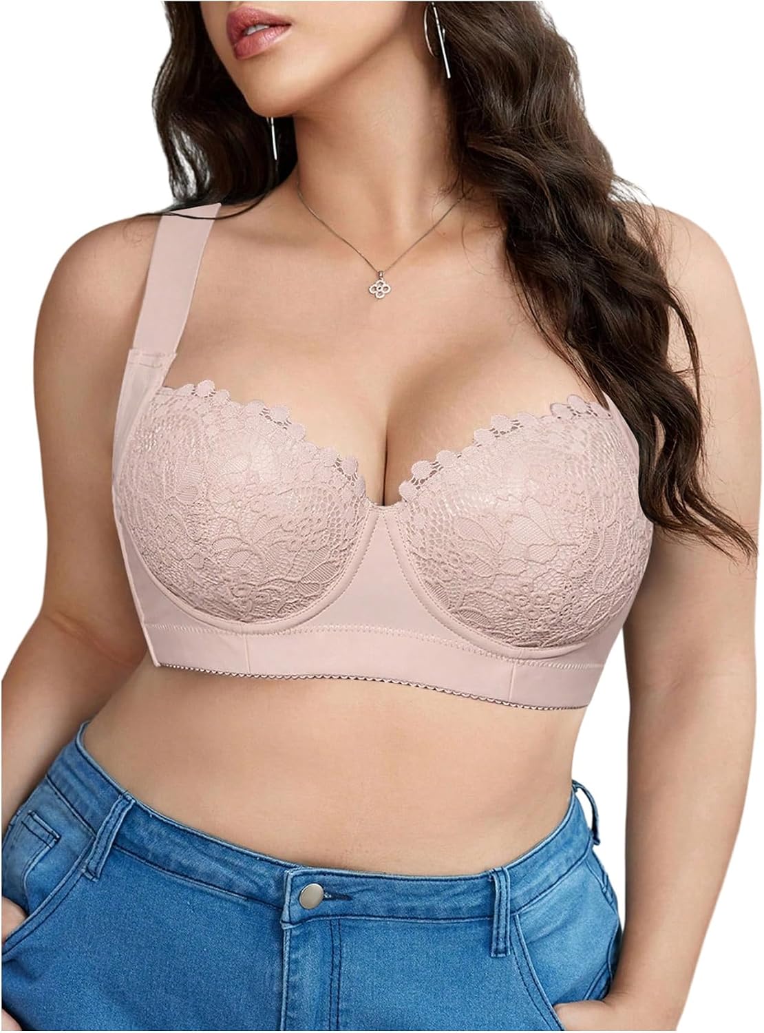 OYOANGLE Women's Plus Size Floral Lace Underwire Bra Push Up Bralette Button Back Lingerie Top