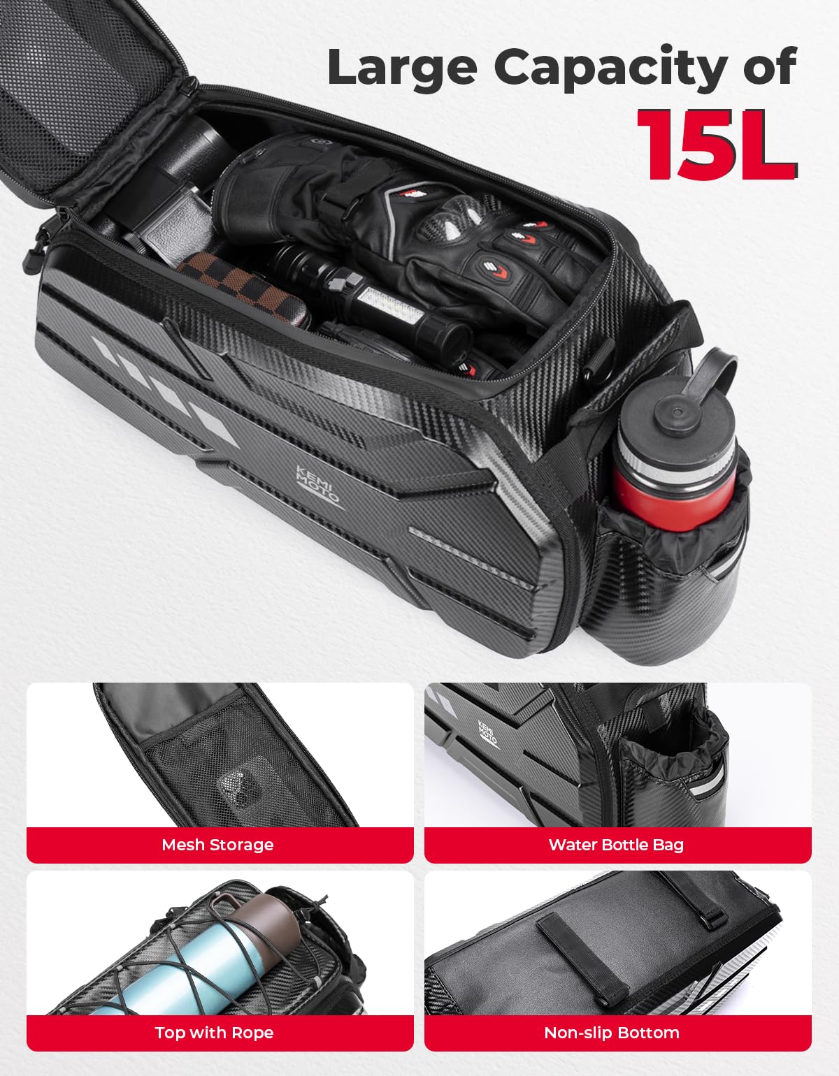 KEMIMOTO Bike Bag 15L EVA Hard Shell, Upgraded Ebike Rear Rack Bag with Waterproof Cover, Bicycle Trunk with Shoulder Strap for Commuter Travel Outdoor