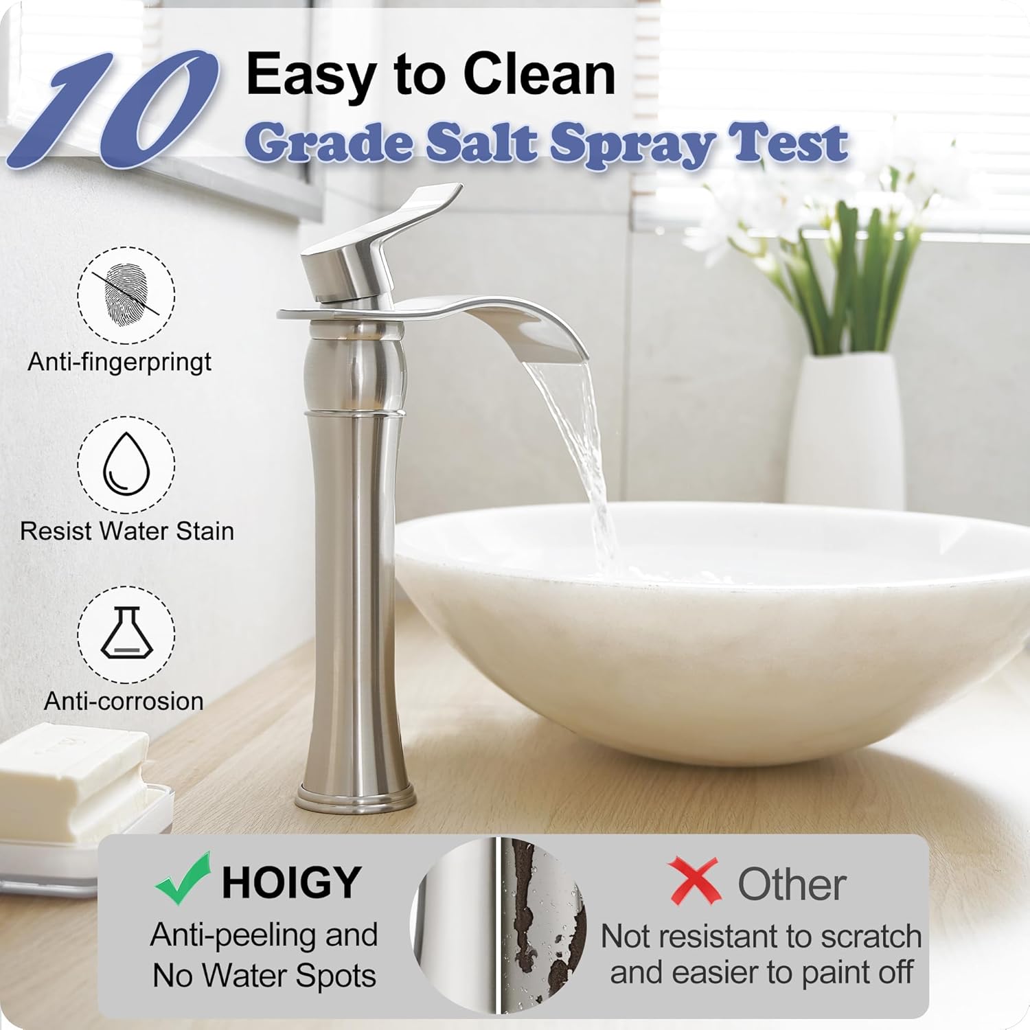 Tall Bathroom Faucet Brushed Nickel Vessel Sink Faucet Waterfall Faucet 1 Handle, Waterfall Bathroom Sink Faucet 1 Hole or 4 Inch 3 Hole Bathroom Faucets with Deck Plate & Pop-up Drain Supply Ho