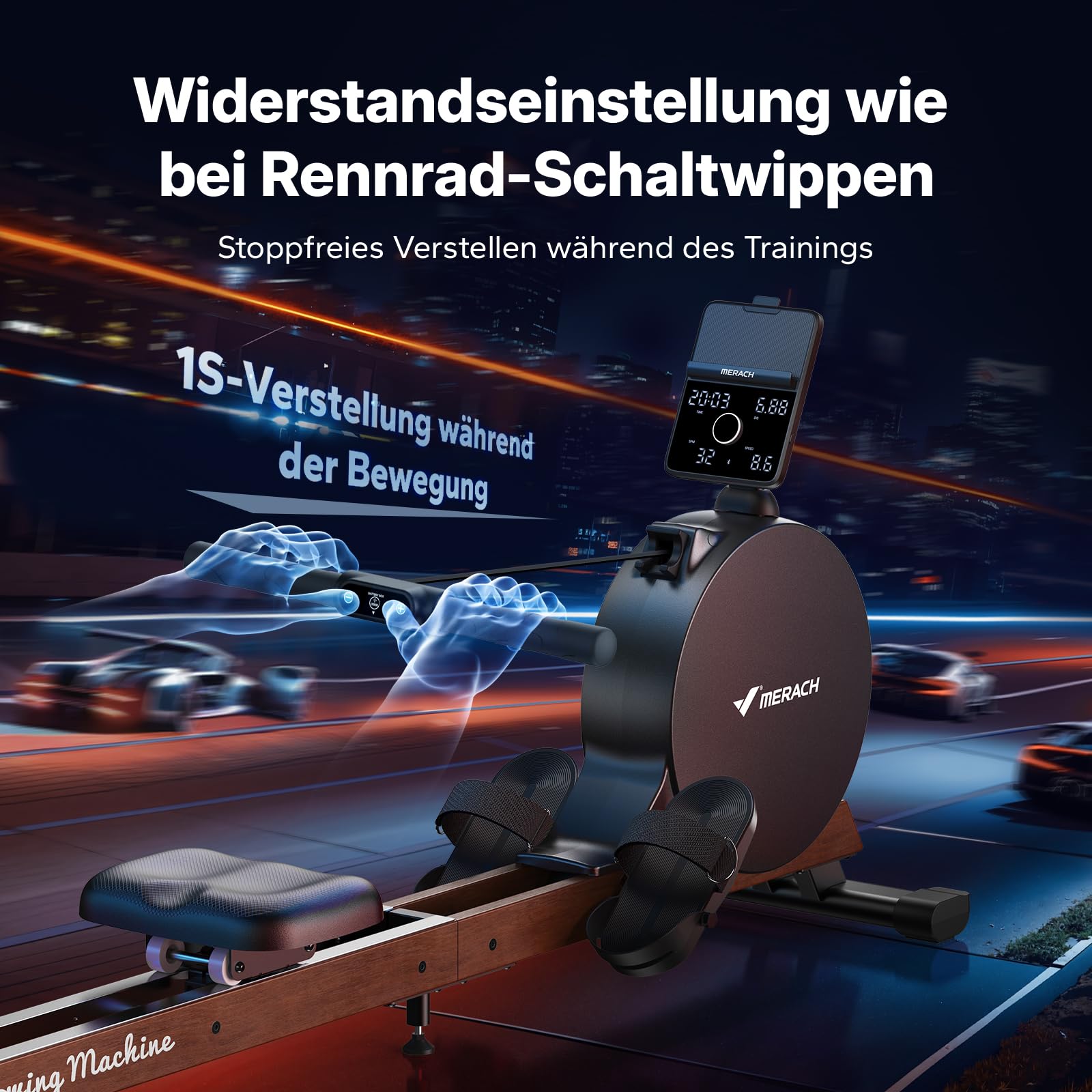 MERACH Rudergerät für Zuhause, Eigenerzeugung, Verbesserter Magnetischer Spitzenwiderstand von 60 kg, Automatische Widerstandsanpassung, LED-Anzeige/ 21,5-Zoll-HD-Bildschirm (R7)