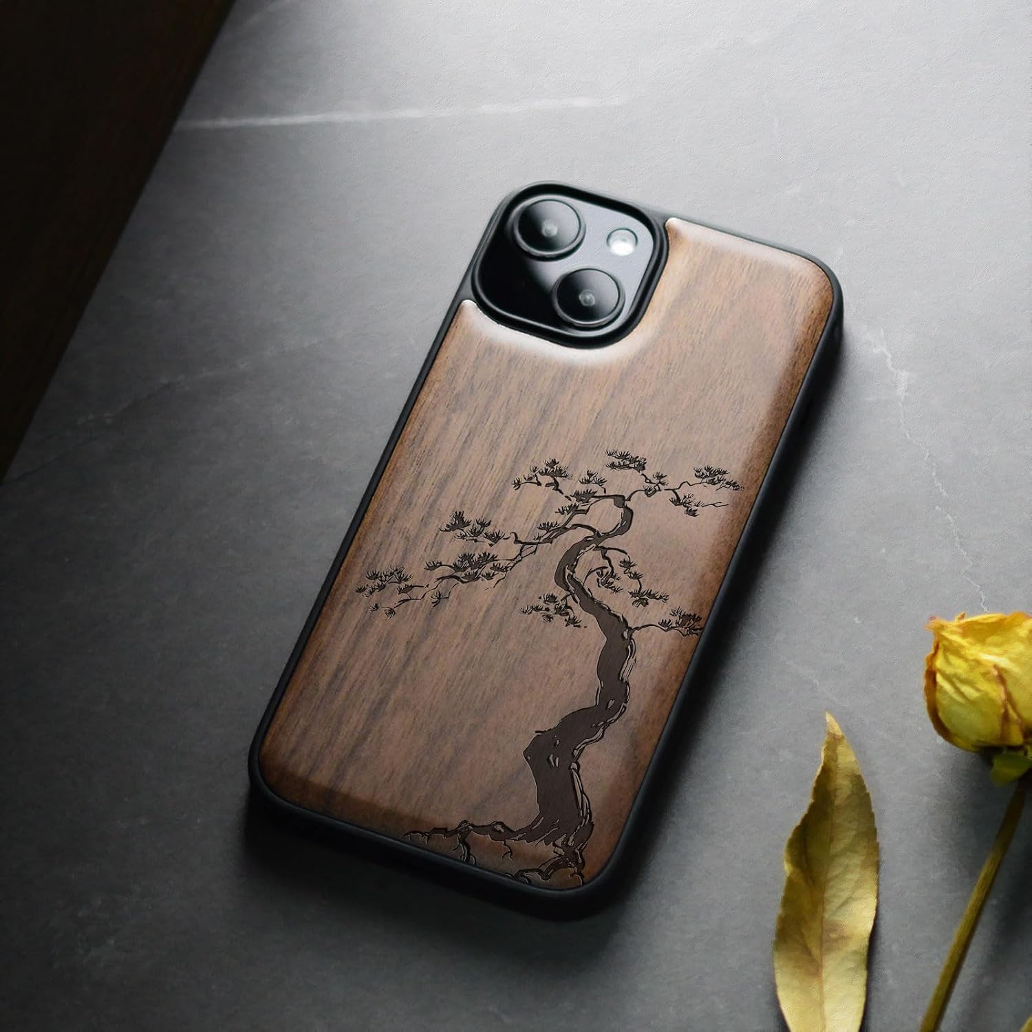 Carveit Magnetic Wooden Case for iPhone 15 Case, Compatible with MagSafe Wireless Chargers, Black Soft TPU Shockproof Cover & Wood Artisan Engraved (Majestic Pine Tree) - Walnut