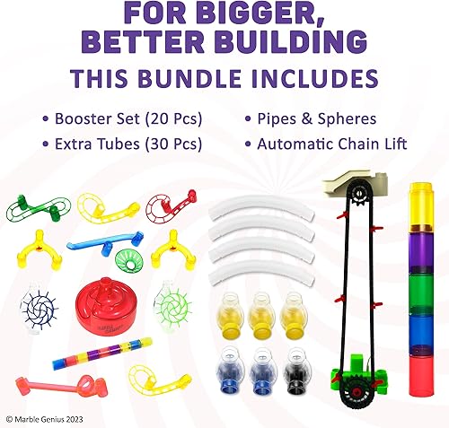 Miniatura 3 de Marble Genius Paquete juego de refuerzo de carrera de mármol (20 piezas), tubos, esferas y tubos accesorio, elevación automática de cadena, crea