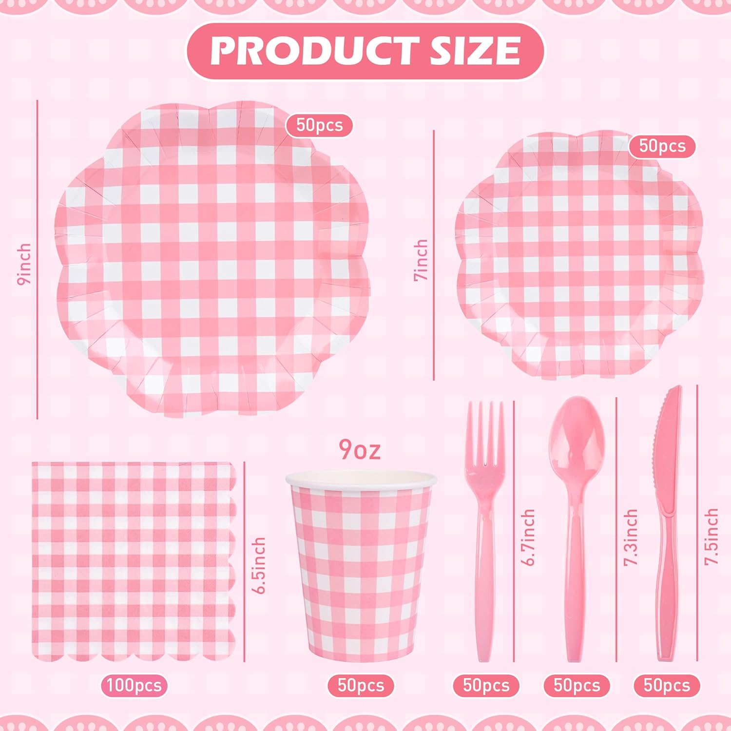 400 Pcs Gingham Party Supplies for 50 Guests Pink and White Scalloped Paper Plates and Napkins Knives Spoons Forks Cups Disposable Checkered Dinner Party Set for Easter Party Baby Shower Wedding