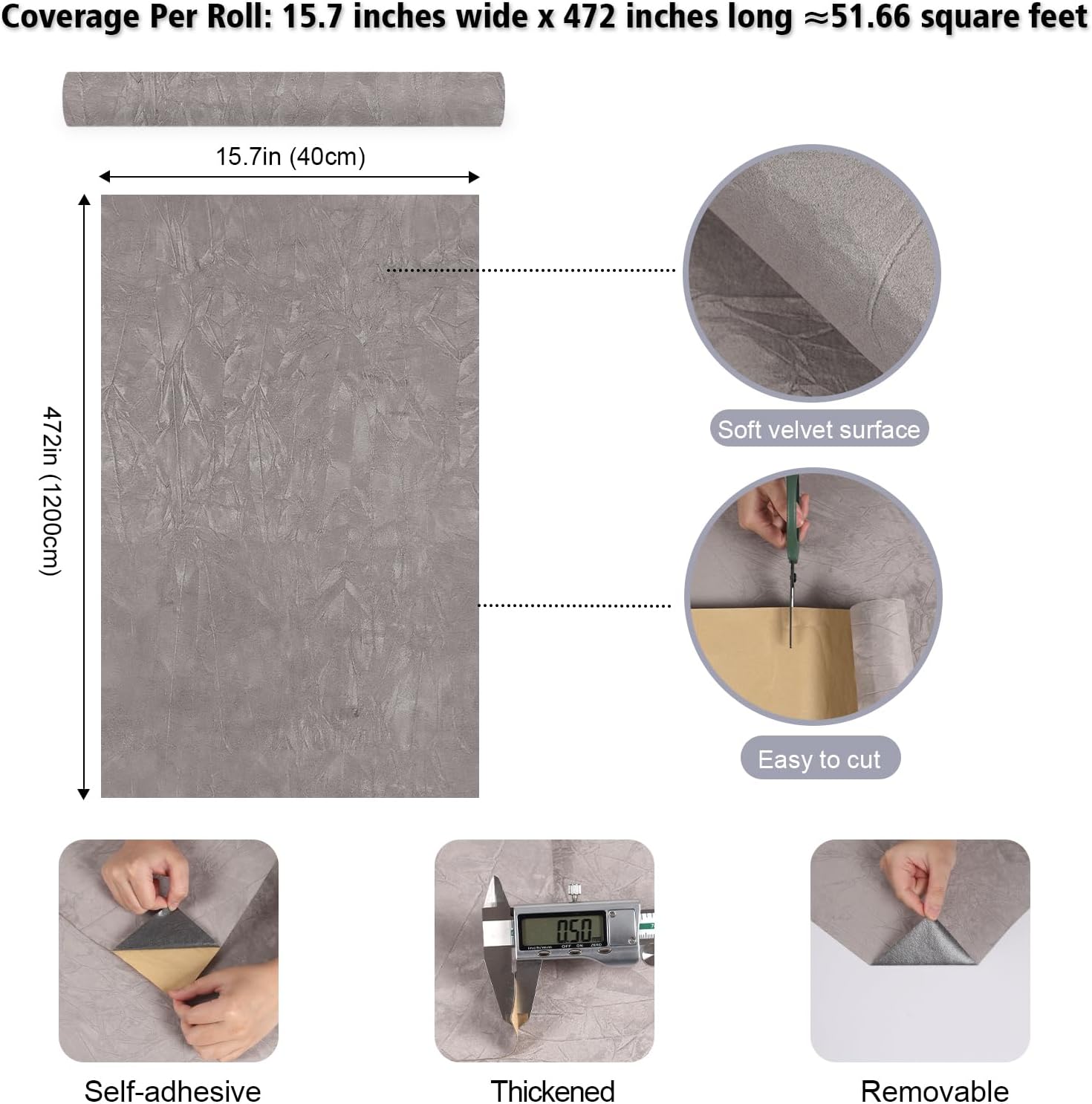 15.7"x472" Grey Self Adhesive Felt Fabric Roll Soft Crushed Velvet Flocking Liner for Jewelry Box Lining Art Crafts Shelf Liner Thick Velvet Wallpaper Peel and Stick for Bedroom Dresser Wall