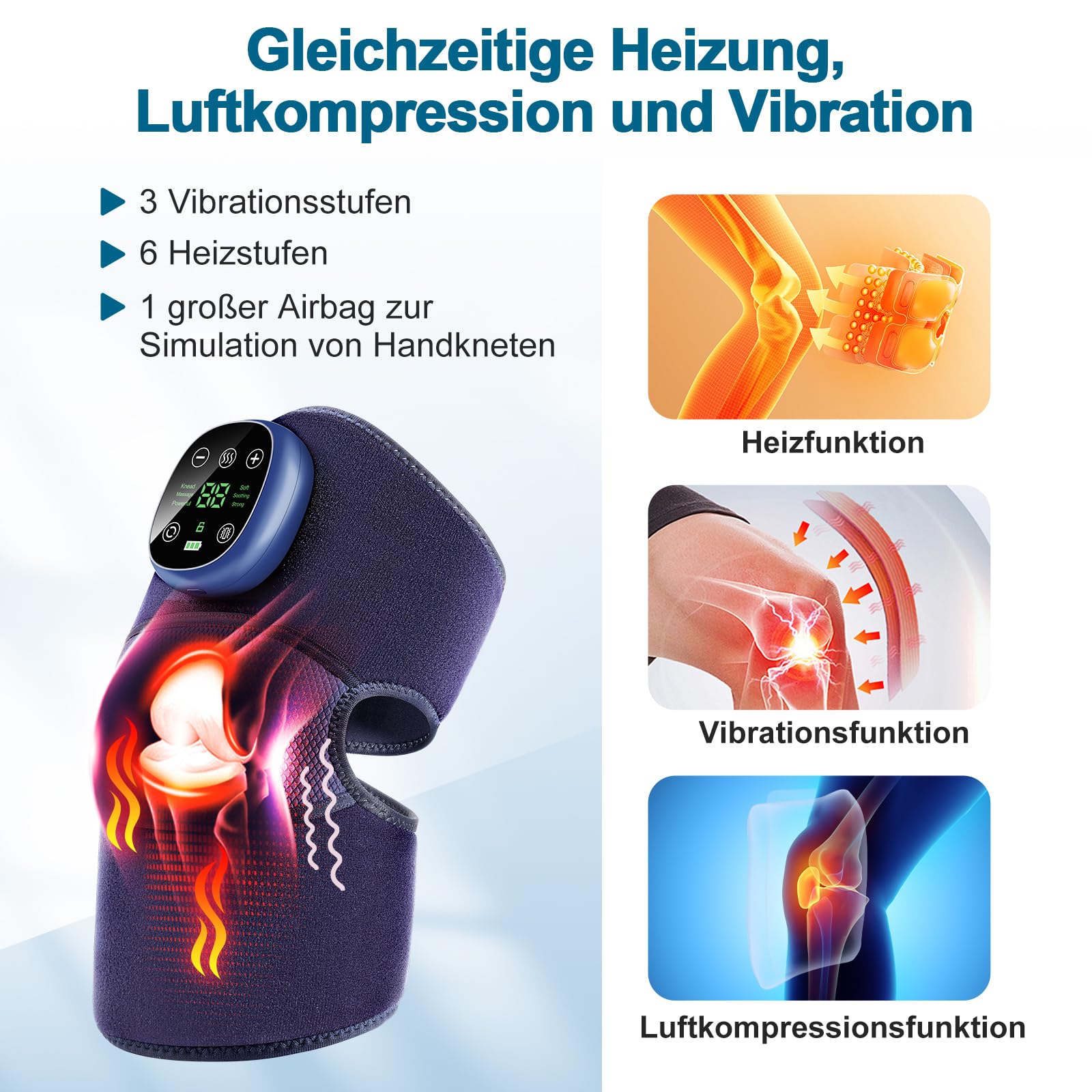Kabelloses Knie Massagegerät mit Wärme & Luftdruck, Elektrischer Kniemassageier mit 6 Heizstufen 9 Modi zur Linderung von Knieschmerzen, Arthrose Sportverletzungen, für Knie Ellenbogen
