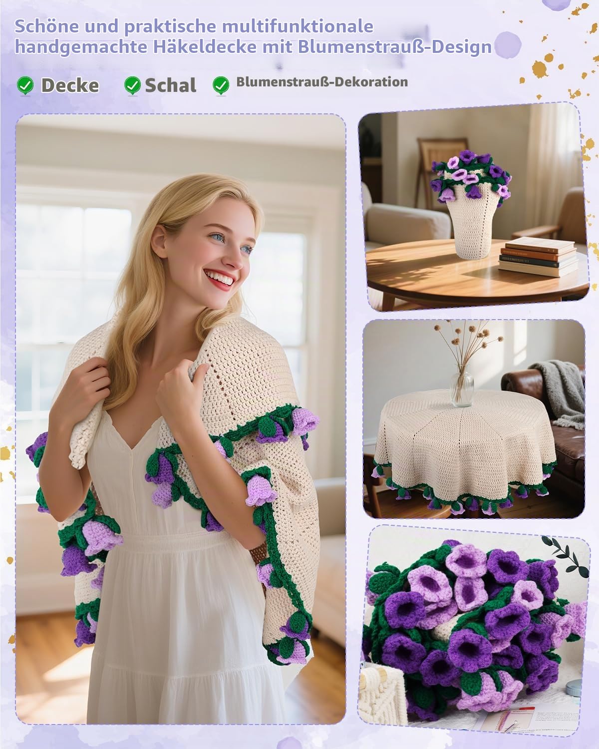 Aeelike Decke Häkelset für Anfänger, Häkelset Blumenstrauß Decke, Weich Handgefertigtes Faltbares Häkelstrauß, Häkeln Set Babydecke Geeignet für Geburtstag, Heimdekoration, Maiglöckchen