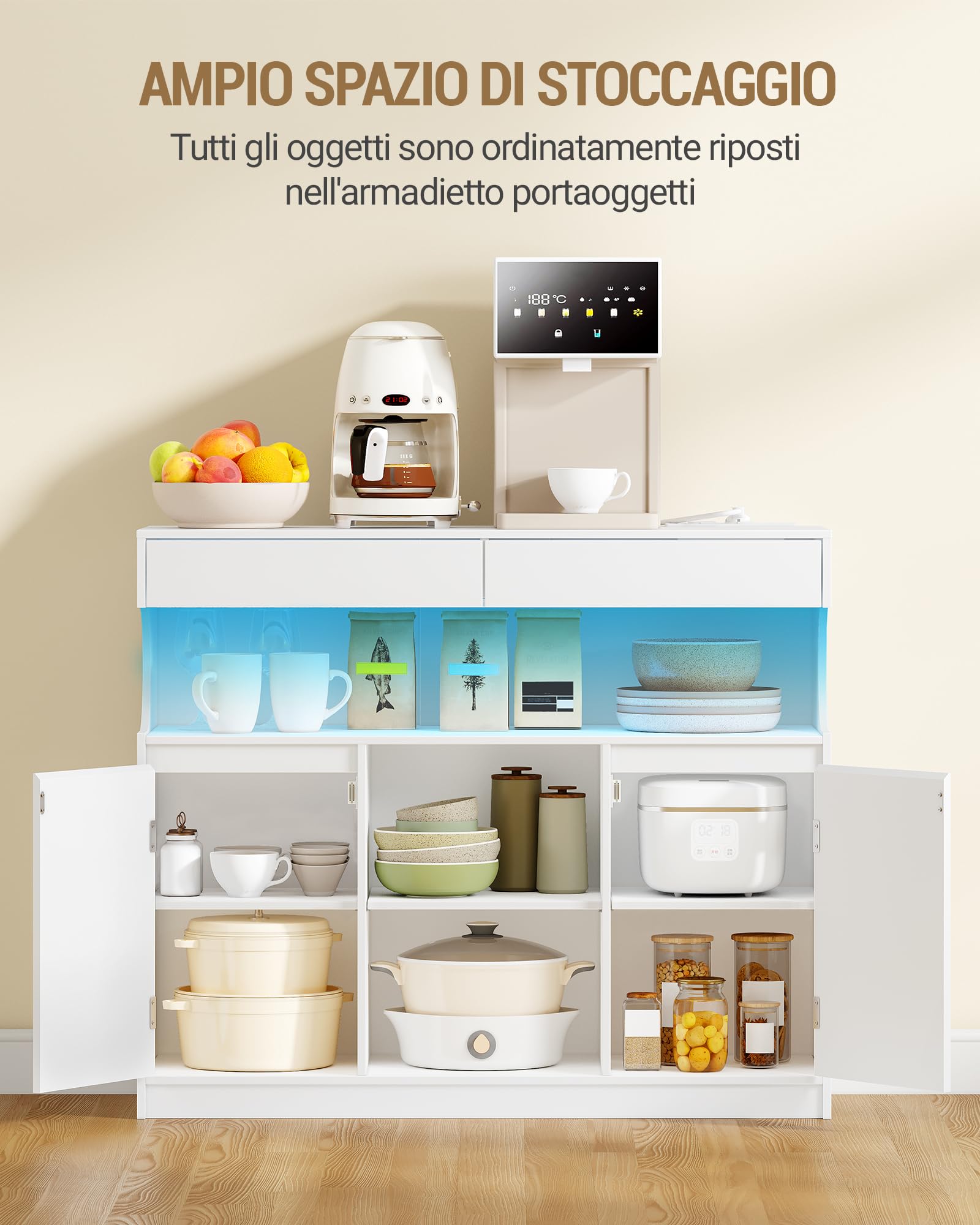 Hzuaneri Credenza cucina con multipresa e luce LED, Mobile dispensa cucina, Mobiles con 2 cassetti e 2 ante, per Soggiorno, Cucinas, 30 x 100 x 85 cm, Bianco SC64903X