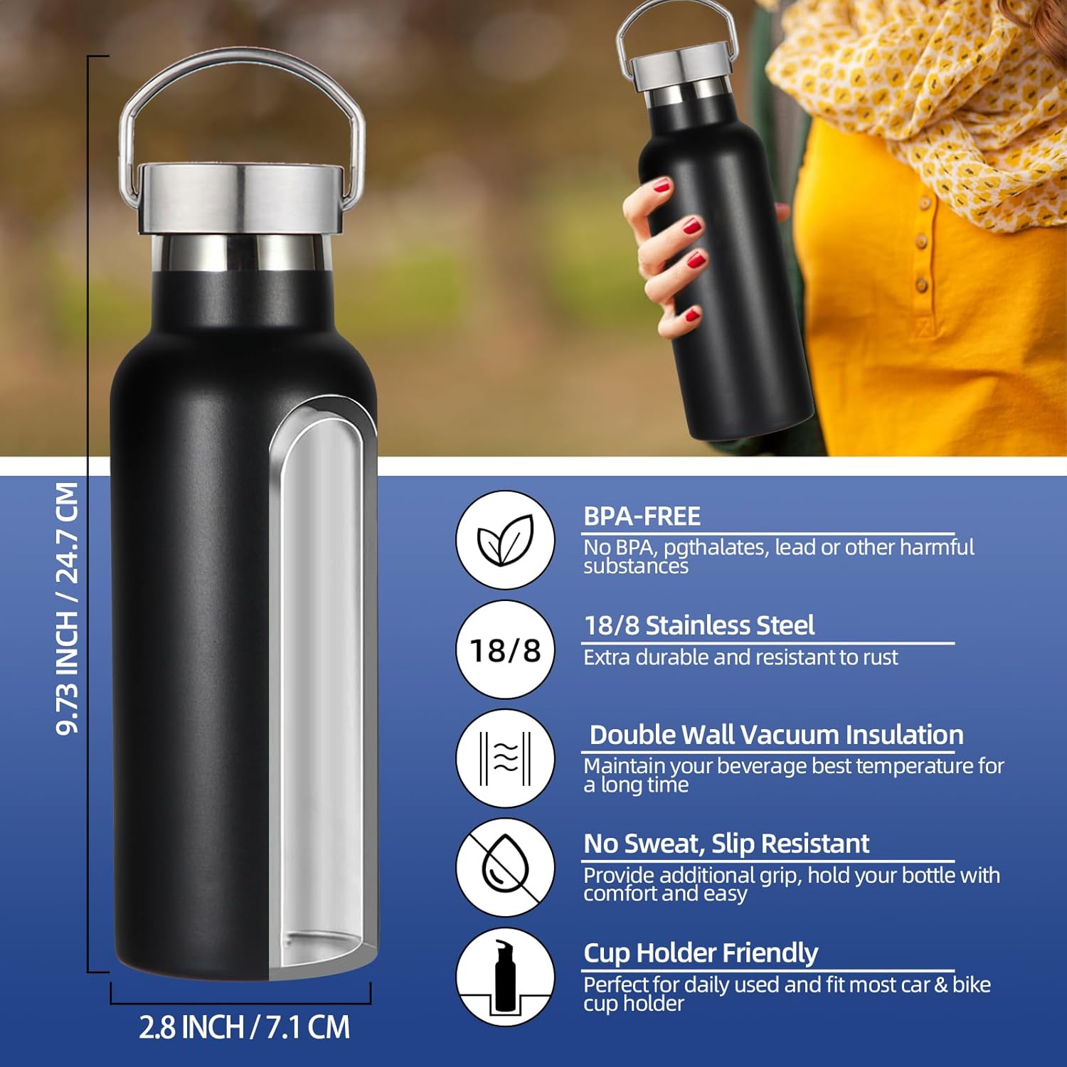 17oz Stainless Steel Water Bottle,Leak-Proof Sweat-Proof Travel,Double Wall Vacuum,Portable Insulated Cup,Reuseble Metal Bottle for School Sport Hiker Kids,Black(8Packs)