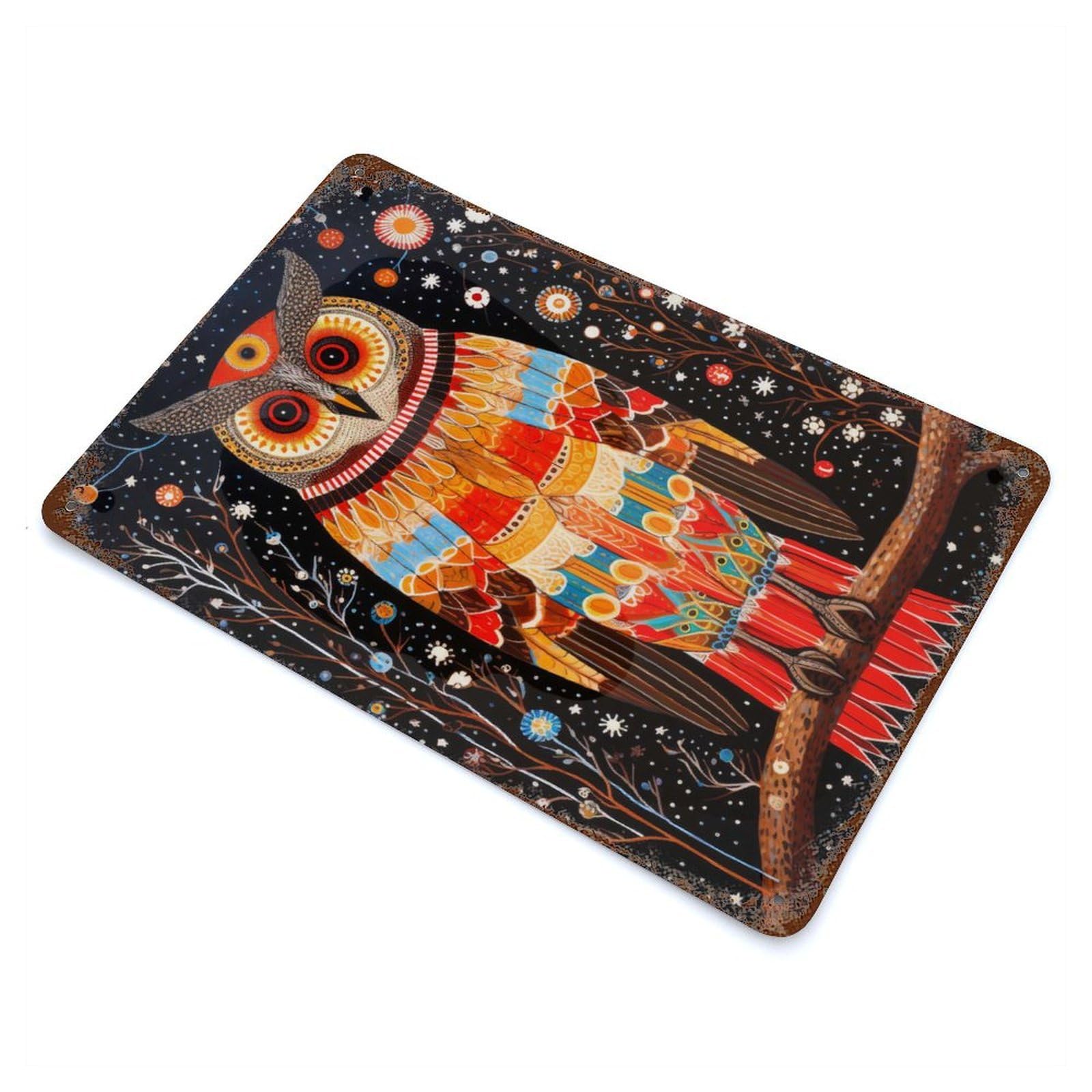 Wise Owl Tribal Style 17 Weathered Tin Sign 11.8"x7.9", Vintage Wall Decor for Garage, Pub Or Kitchen