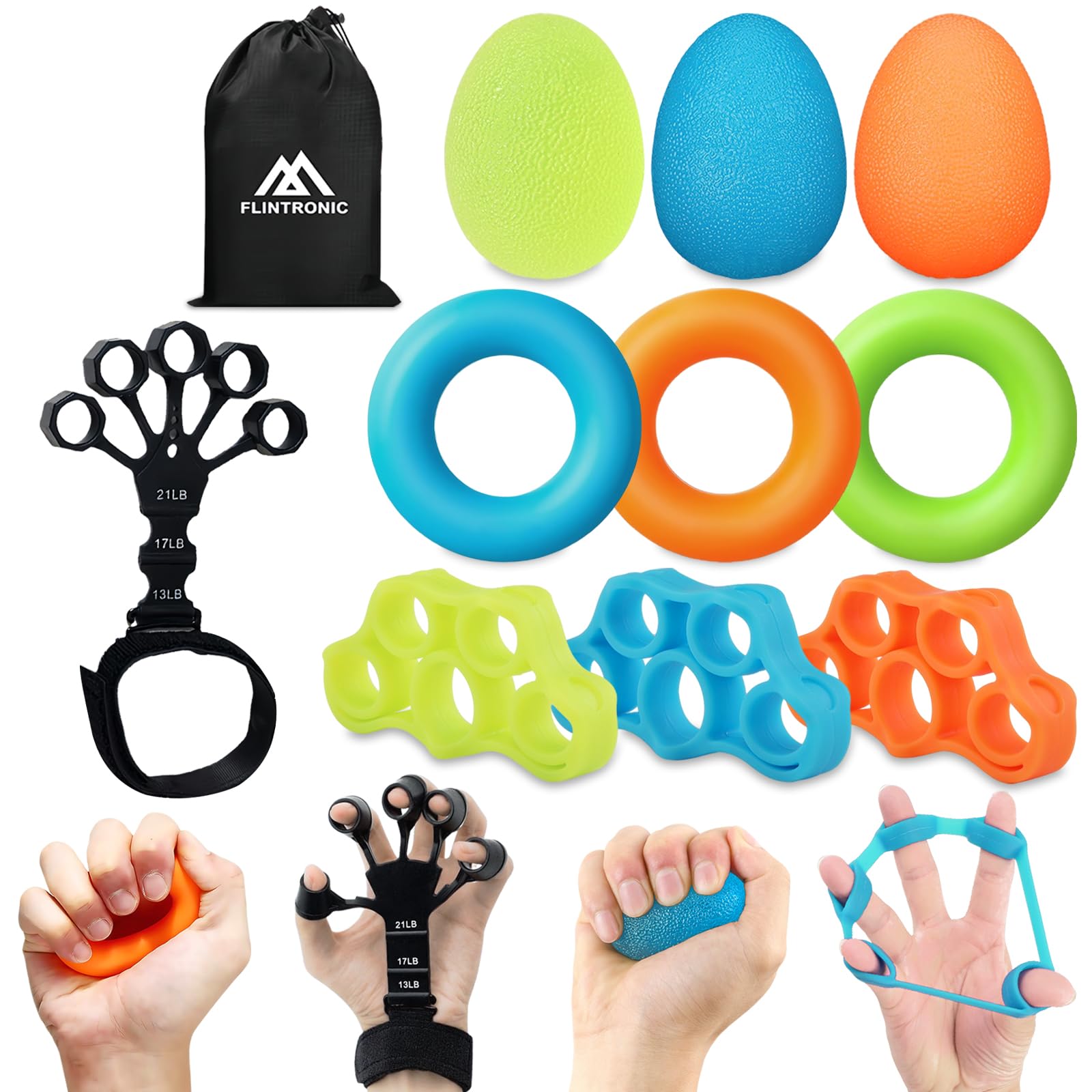 flintronic Grip Strength Trainer, Forearm Strengthener 11-Piece Kit, Hand Exercise Balls, Finger Therapy Squeeze Balls, Hand Grip Strengthener