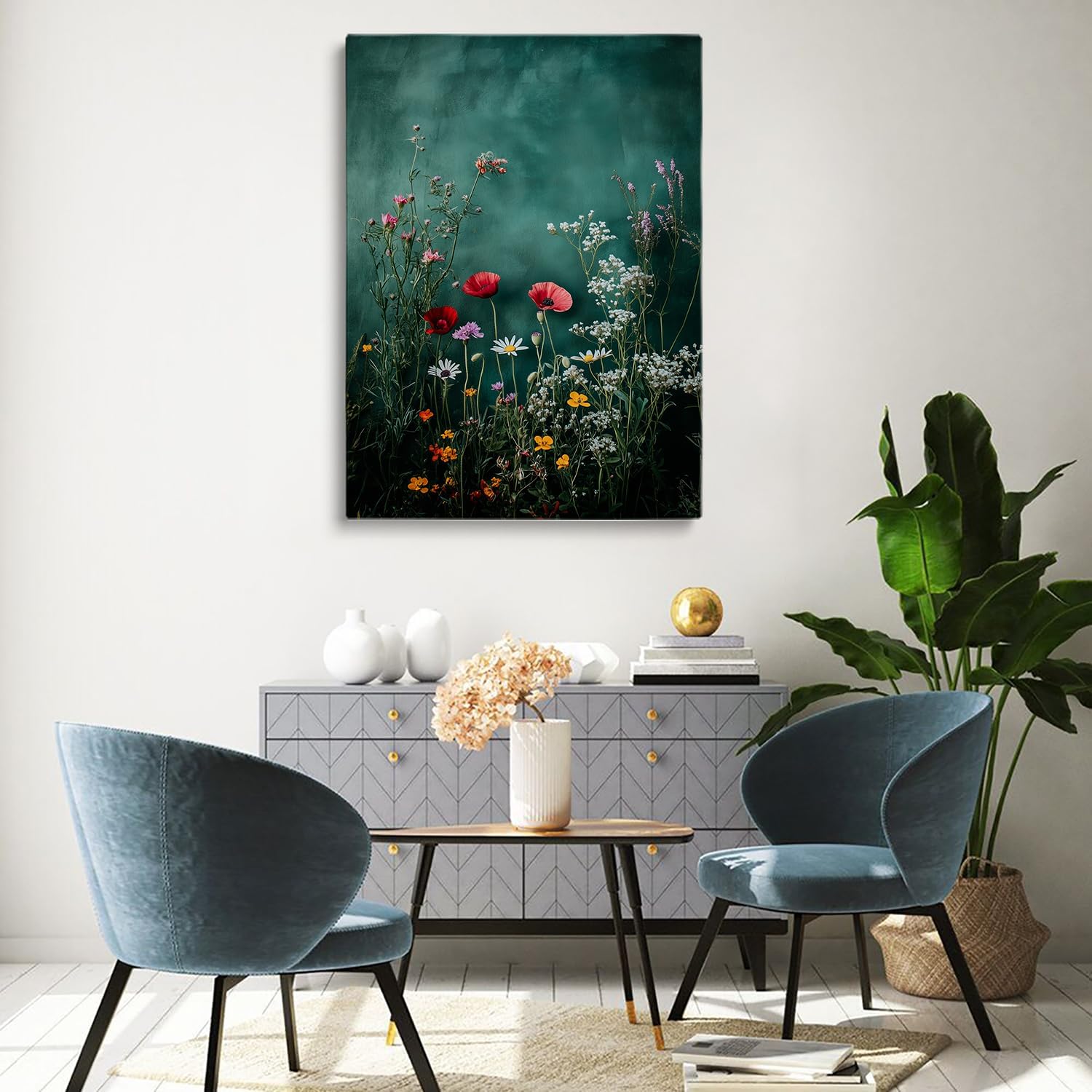 Wildflower Field Wall Art,Vintage Farmhouse Botanical Sign,Rustic Flower Farm,Wild Flower Wall Painting,Field Of Flowers Print For Living Room Dresser Bedroom Decor 8x12inch Framed Art