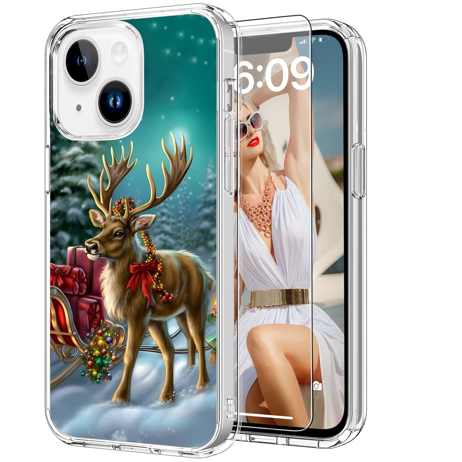 ICEDIO Christmas Phone Case for iPhone 13 Mini with Screen Protector - Fashionable Trendy Designs - Clear Acrylic Shockproof Protective Cover 5.4" - Christmas Deer