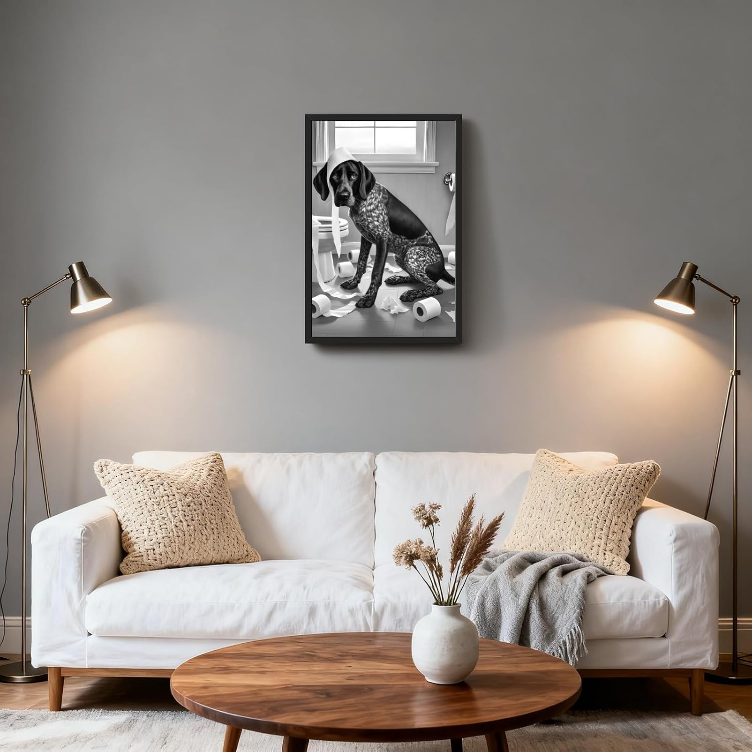 PMKXFGK Large Framed Wall Art Mischievous Dog Toilet Paper Disaster Poster Black German Shorthaired Pointer Dog Canvas Print Funny Pet Animal Pictures for Bathroom Toilet Decor 24x36inch Black Frame