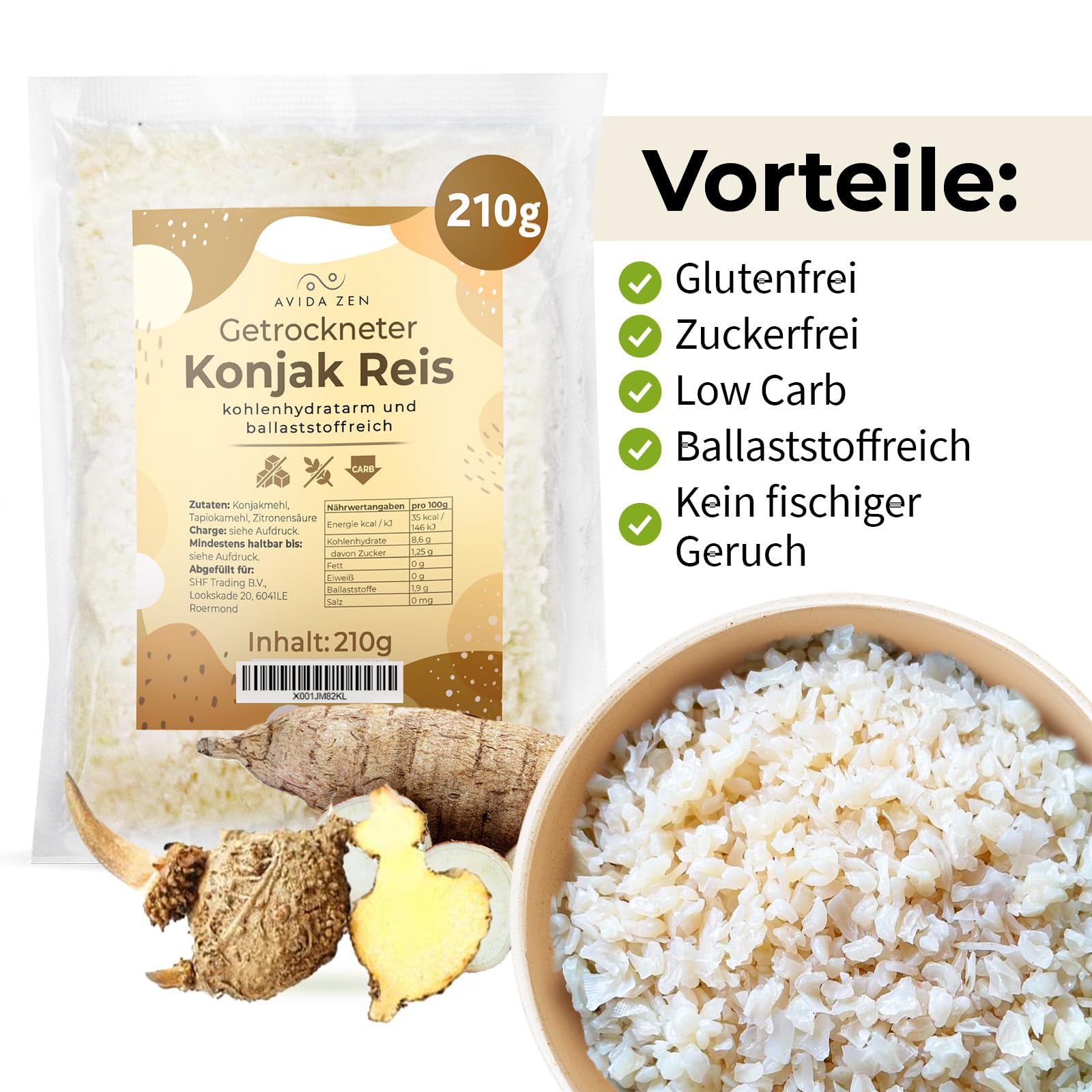 AVIDA ZEN Konjak Reis, Zero und kohlenhydratarm, Shirataki kalorienarm | Konjakreis getrocknet 3x210g ballaststoffreich Keto freundlich, glutenfrei und vegan, Konjac rice wenig Kalorien
