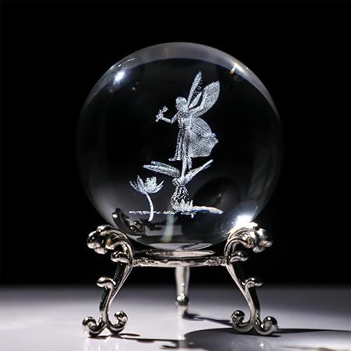 HDCRYSTALGIFTS Figuras de hada de cristal láser 3D de 2.3 pulgadas con libélula y loto, bola de cristal pisapapeles con base de soporte, grabado 3D,