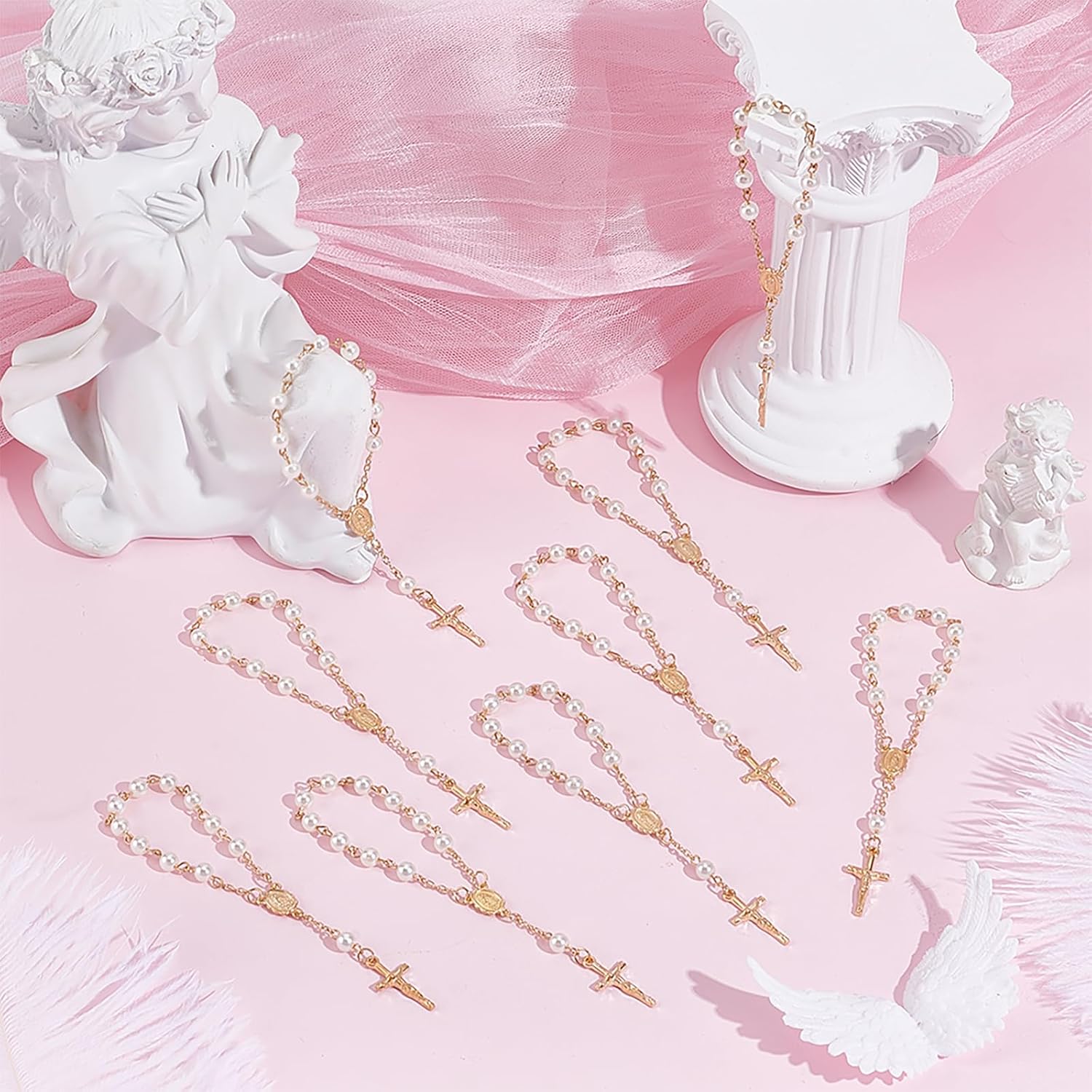 50Pcs Mini Rosary Baptism Favors, Ivory Color Faux Baptism Party Favors Car Rosary Recuerdo De Boda Y Bautizo for Christening Communion Easter Weddings Party Favor Bulk