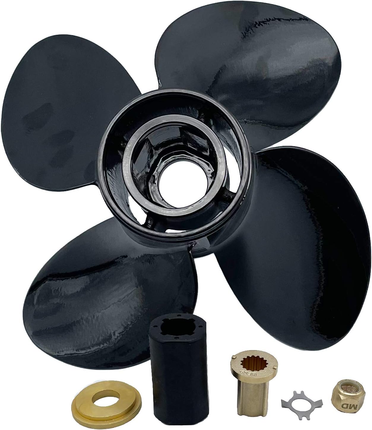 OEM Grade Aluminum Outboard 4 Blades Propeller with Interchangeable Hub Kits for Mercury Outboard Engines 25-30HP Bigfoot,40-60HP Sea Pro/Marathon/Mariner/Force with 13 Spline Tooth,RH