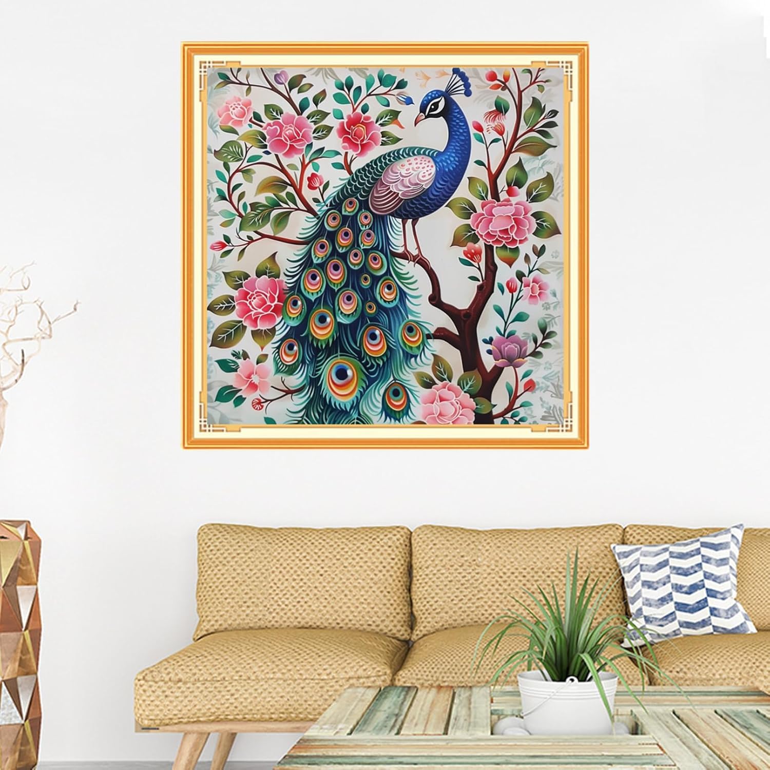 Dooxvey Counted Cross Stitch Kits for Adults 11CT Printed Cross-Stitch Patterns Cross Stitching Embroidery Kit Stamped or Counted Needlepoint Kits-Rainbow Feathered Peacock 18x18 inch