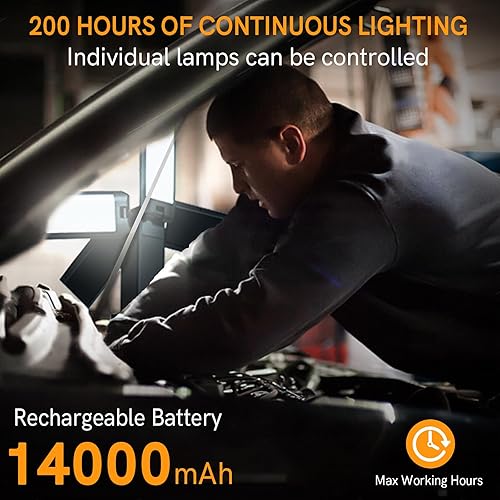 Miniatura 3 de Luz de camping telescópica portátil con soporte, luz de trabajo recargable, 14000 mAh, regulable, 4 cabezales LED, 6000 linternas, IPX5,