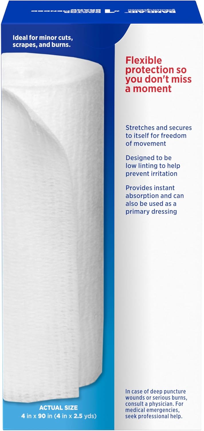 Band Aid Brand of First Aid Products Flexible Rolled Gauze Dressing for Minor Wound Care, Soft Padding and Instant Absorption, 4 Inches by 2.5 Yards, 3 Pack