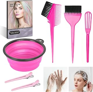 ROOHUA 8 Pcs Hair Dye Kit with Brush, Reusable Home Salon Color Hair Tools | Complete set:bowl, brush,comb,clips, disposable gloves & shower cap,easy mixing & application,for bleaching,dyeing(8, Pink)