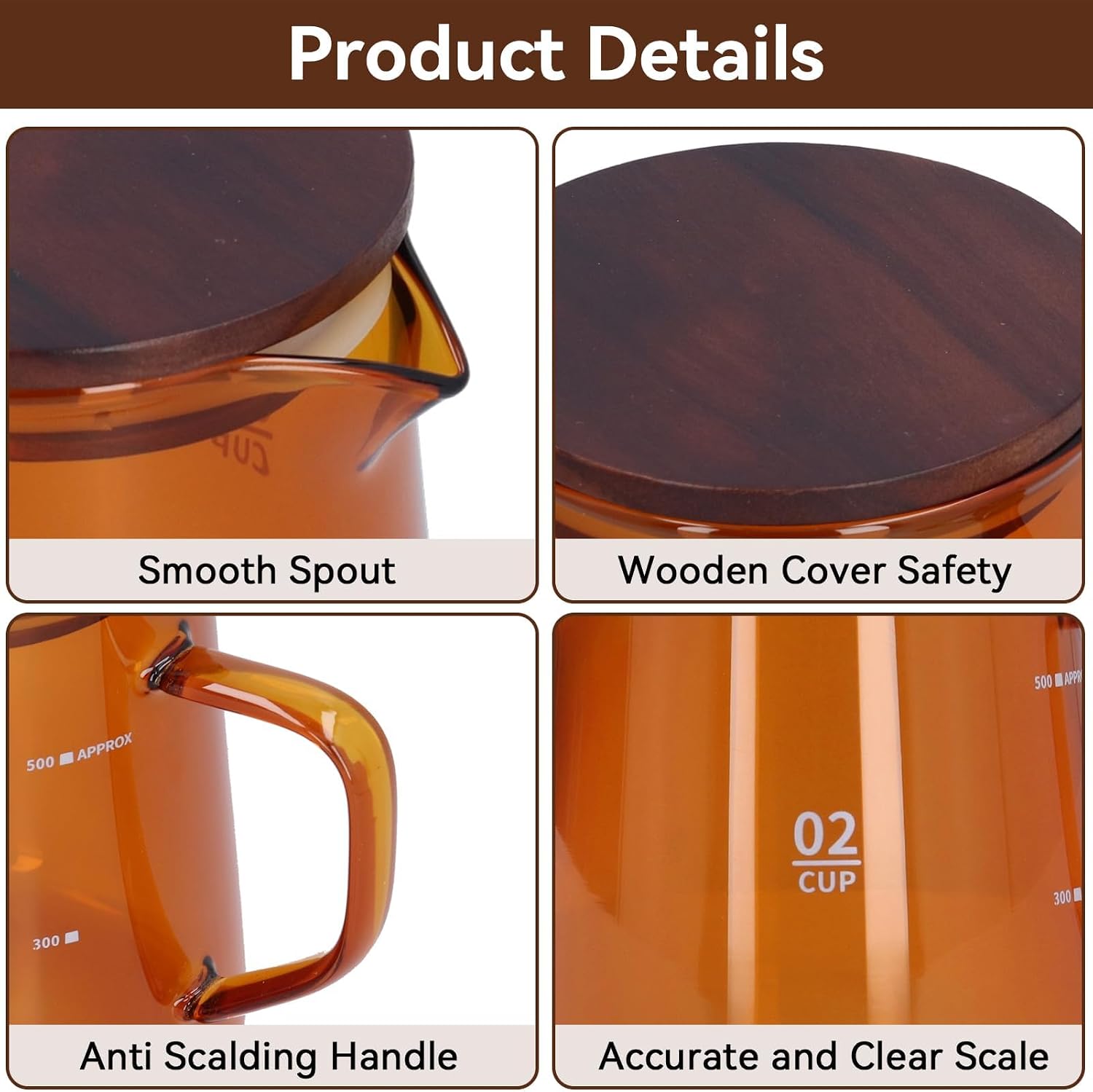 Small Glass Carafe, 16.9oz Glass Coffee Server Manual Pour over Coffee Beaker Tea Pot with Wooden Lid Clear Teakettle Borosilicate Glass Decanter (Brown)