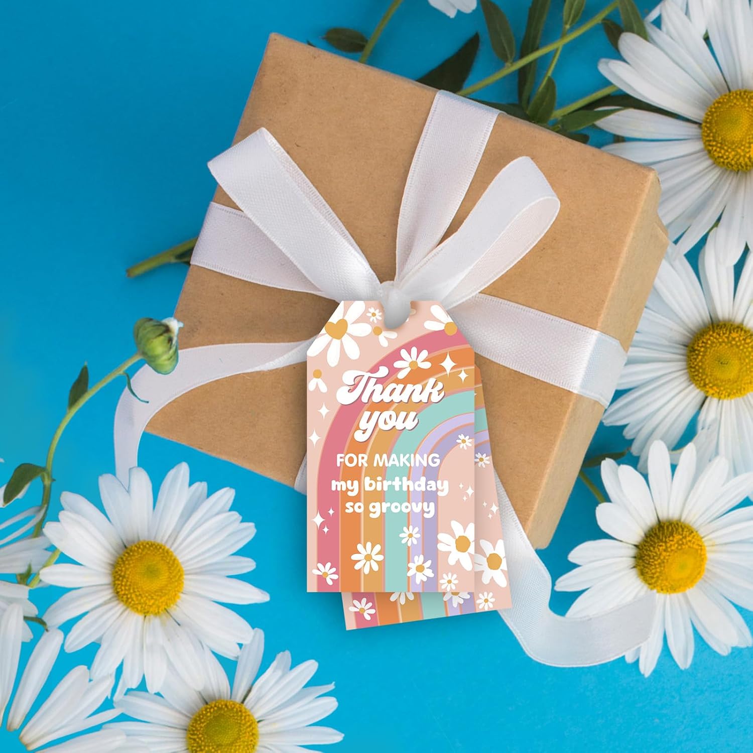 Serencatcher Groovy Thank You Tags, 50pcs Groovy Party Favors Daisy Flower Boho Rainbow Thank You for Making My Birthday So Groovy Gift Tags with String for Retro Hippie Groovy Birthday Party image 4