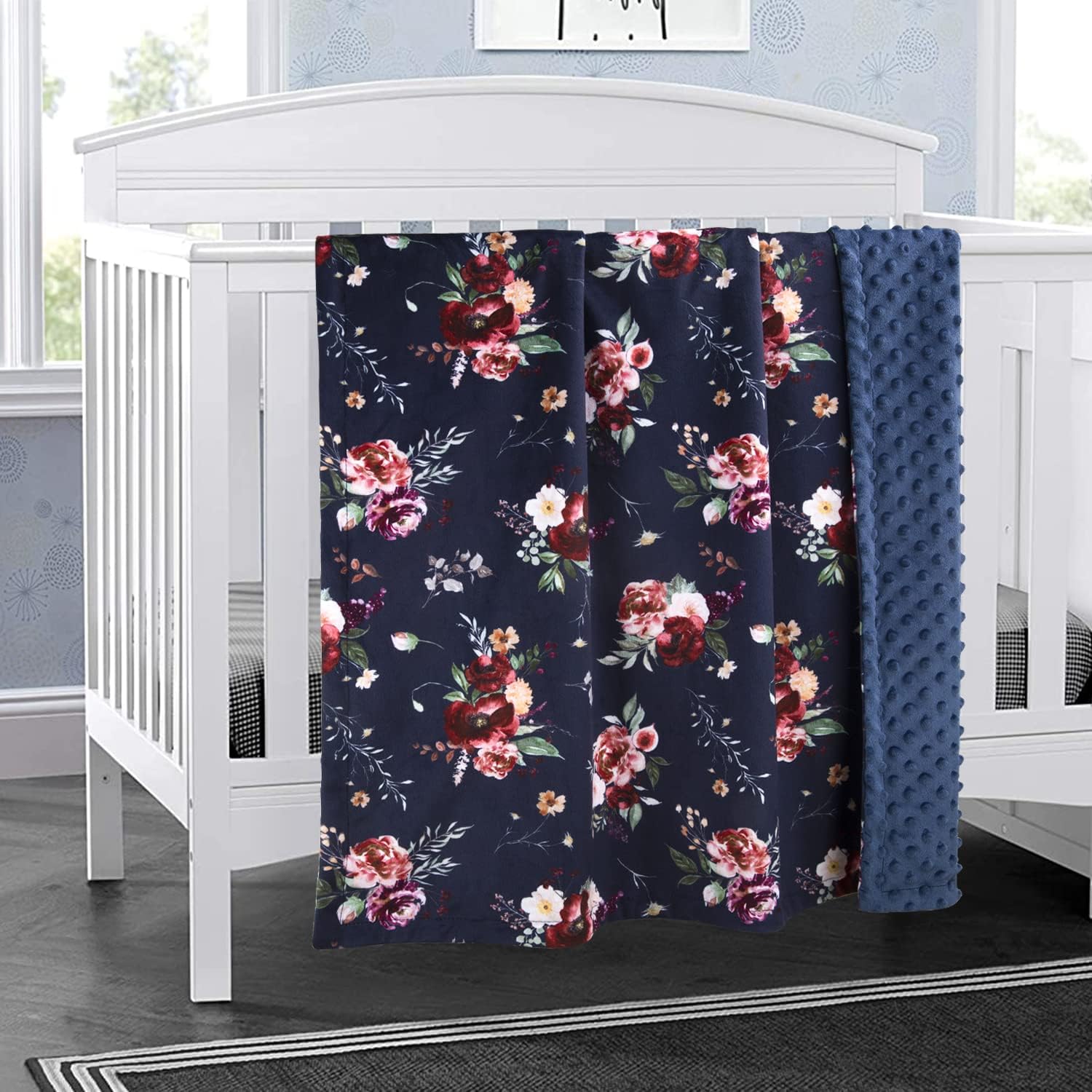 BORITAR Baby Blanket for Girls Super Soft Double Layer Minky with Dotted Backing Dark Blue Blanket with Beauty Floral Printed 30 x 40 Inch(75x100cm) - Image 5