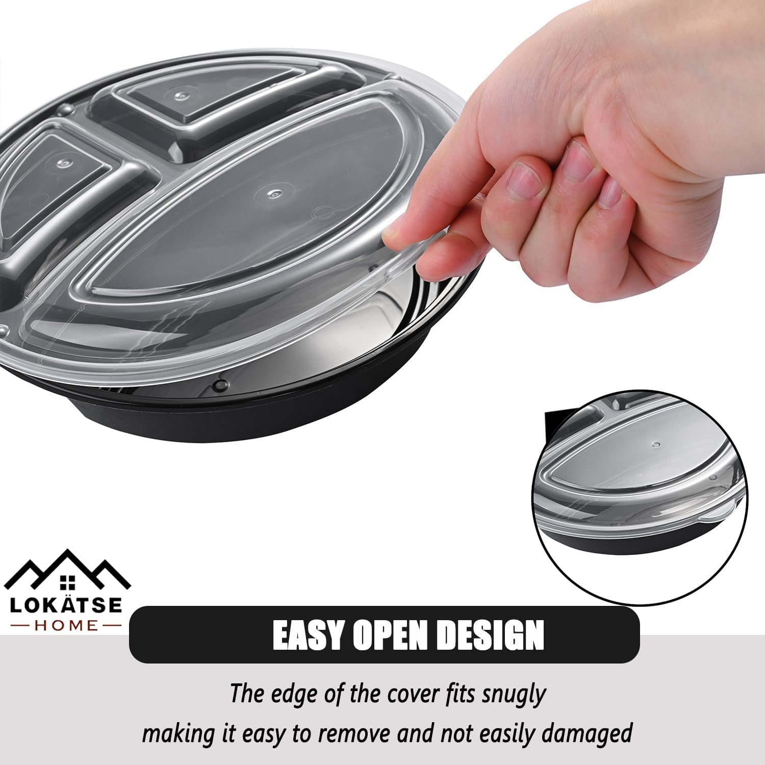 LOKATSE HOME Meal Prep Container Microwave Safe 48 Pack 3 Compartment with Lids, Round Bento Box, Food Storage Durable Stackable Reusable, BPA Free, Freezer, Dishwasher Safe (33 oz)