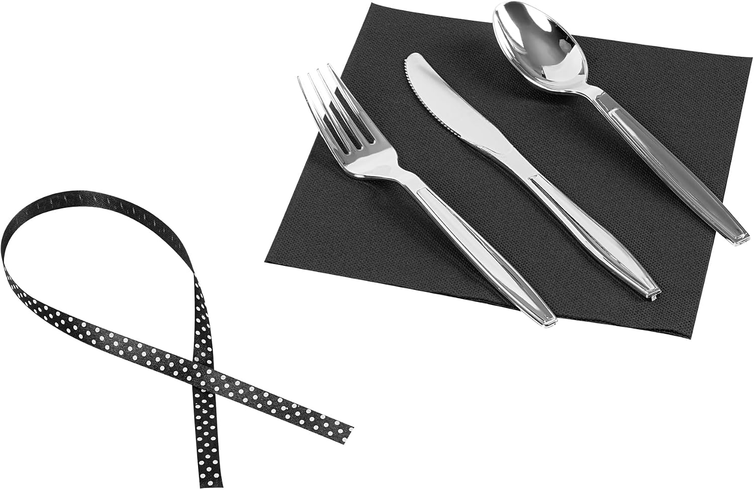 Restaurantware Cutlery Set - 100 Pack - Argento 7.25 Inch Silver Plastic Cutlery Set with Black Napkin and Polka Dot Ribbon, Fork, Spoon and Knife Set, Disposable - Prewrapped Silverware Set For Event