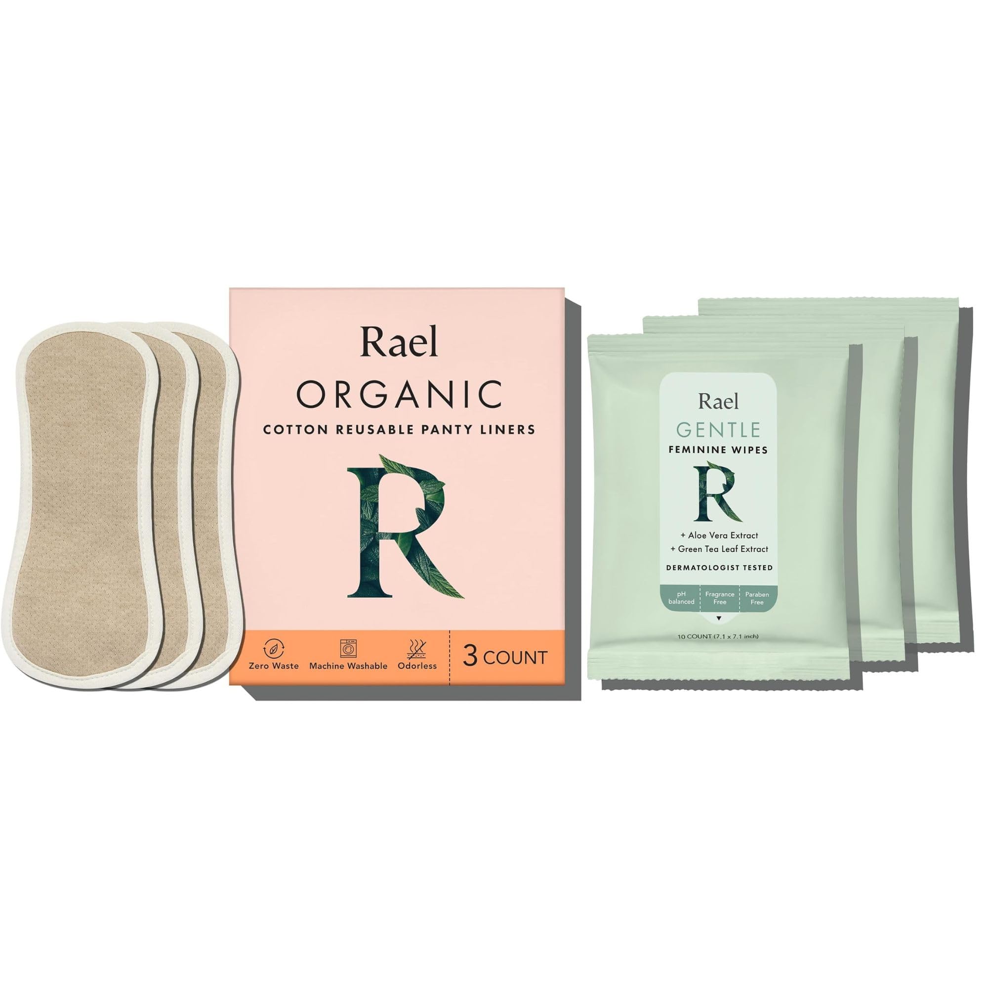 Rael Bundle - Reusable Panty Liners (Brown, 3 Count) & Flushable pH Balanced Feminine Wipes (20 Count)