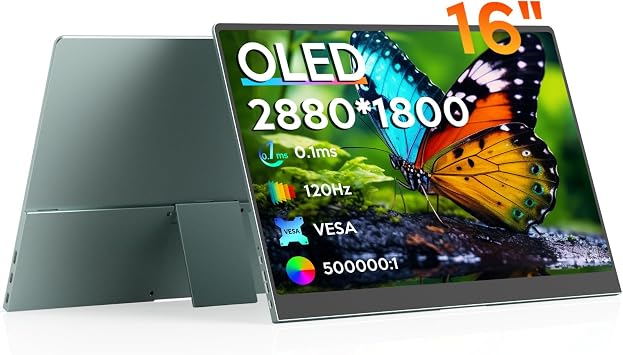OLED Portable Monitor| 16" 3K OLED Monitor 2880x1800| 0.1ms 120Hz Display| 120% DCI-P3 5000001 Contrast| Ultra-Slim External Screen with Speaker and Stand for Mini PC/Switch/PS5/Xbox,VESA