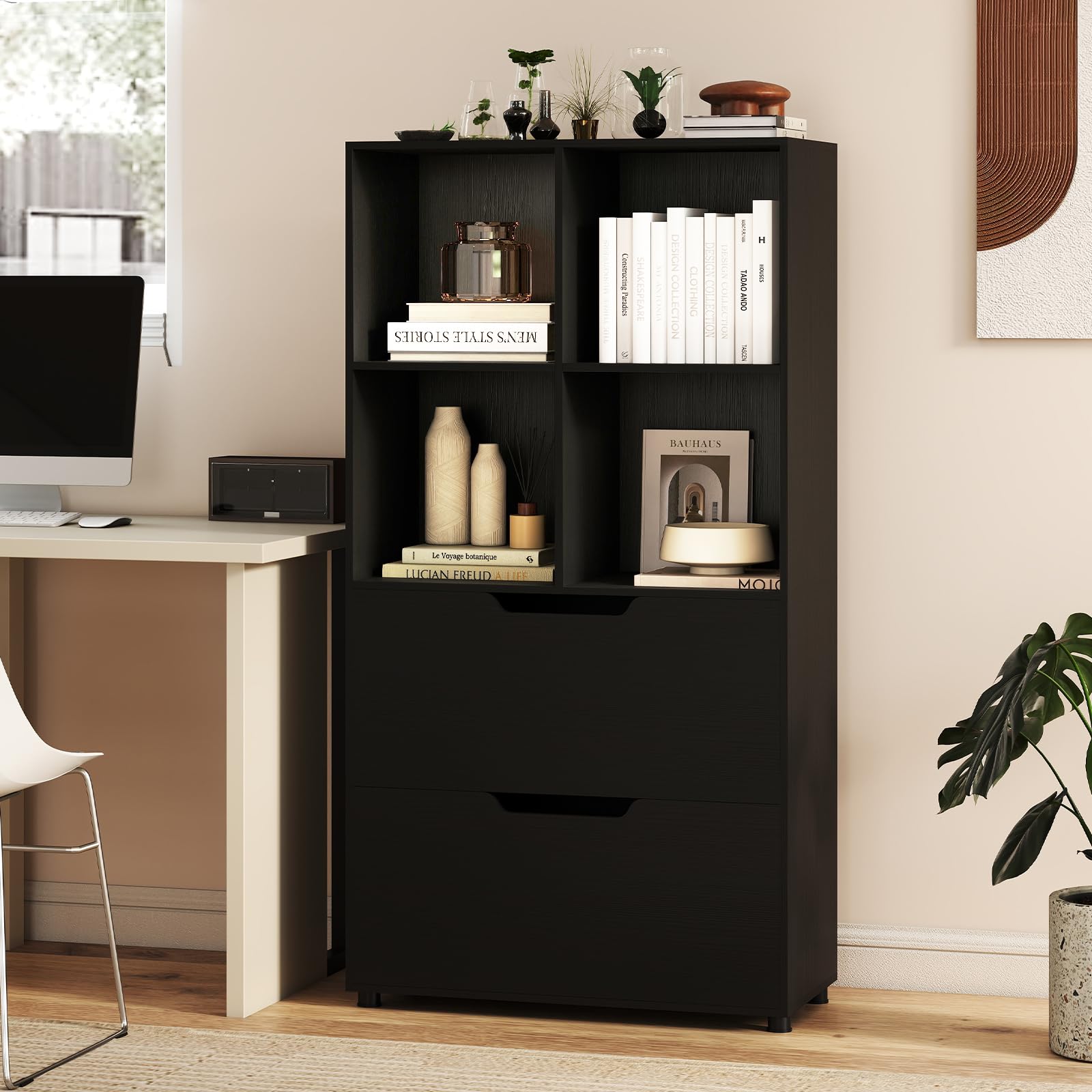 KOMFOTTEU Bibliothèque Bois 4 Cubes avec 2 Tiroirs, 70x33,5x130 cm, Noir
