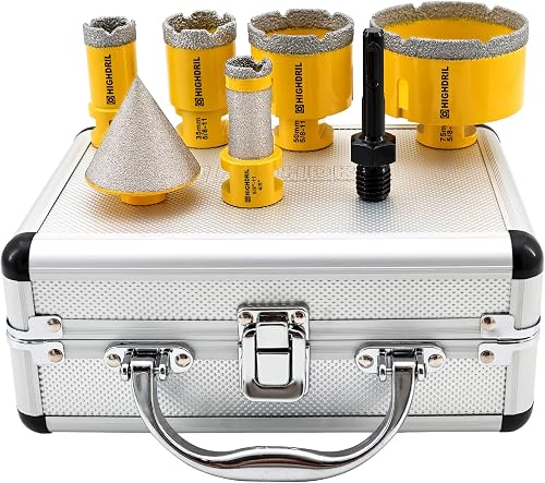 HIGHDRIL 7Pcs Diamond Drill Bits Kit for Porcelain Ceramic Tile Granite | 25/35/50/75mm/20mm Finger Bit+50mm Chamfer Bit +SDS Adapter with 5/8-11 Thread for Porcelain Ceramic Tile Granite Marble