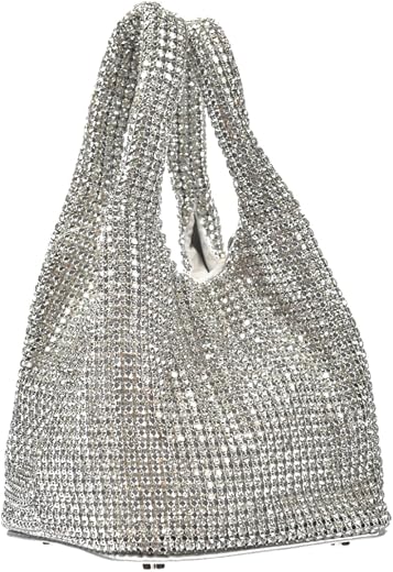 jasuniq Luxury Crystal Evening Bucket Bag Rhinestone Hobo Handbag with Shoulder Chain Rose Gold Silver