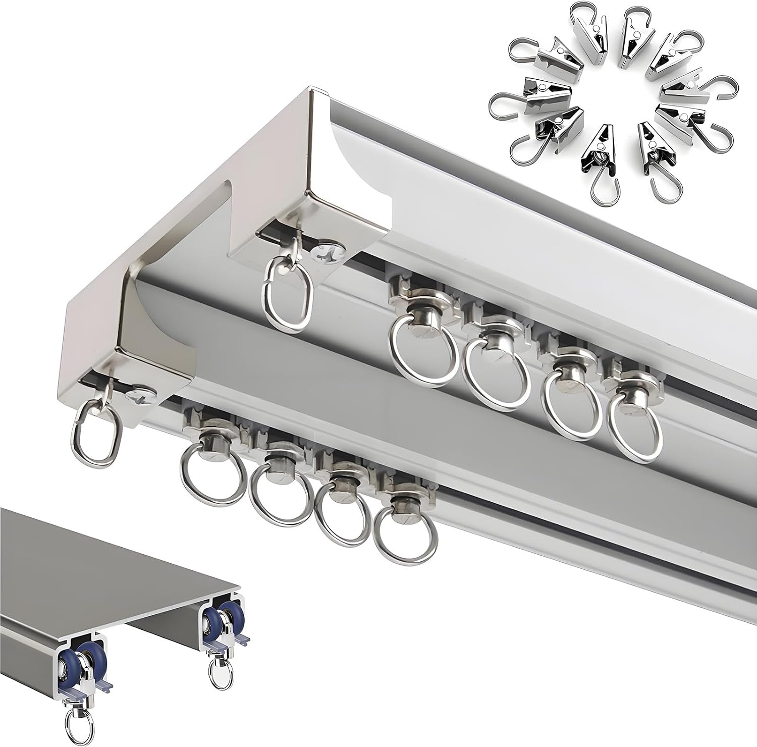 Double Curtain Rod Ceiling Mount Aluminum Curtain Track with Silent Gliding Function Curtain Rail with Clips for Living Room and Bedroom Curtains (White 200cm)