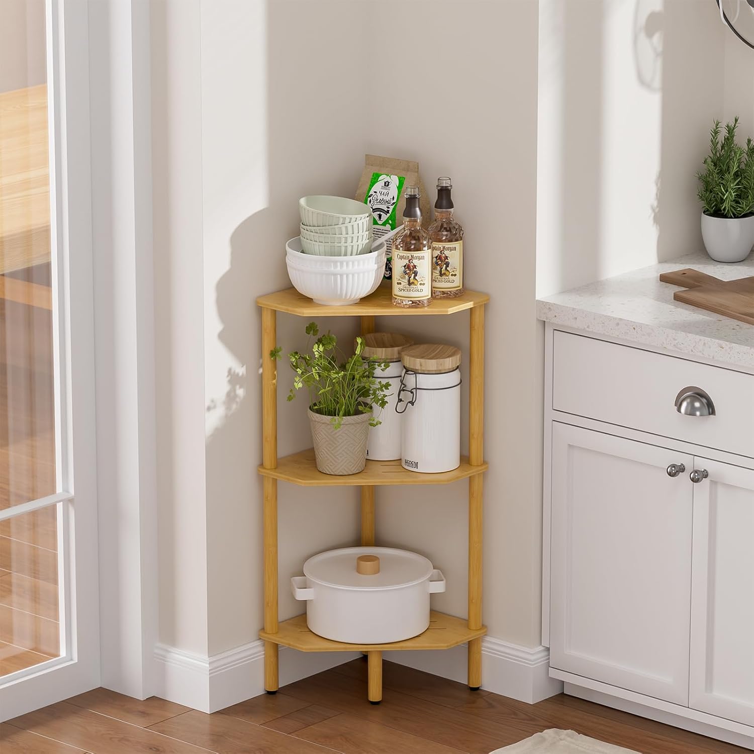 3 Tier Bamboo Corner Shelf, Storage Stand with Adjustable Feet, Small Space Corner Bookcase, Outdoor Plant Stand, Space-Saving Organizer for Bathroom Kitchen Living Room