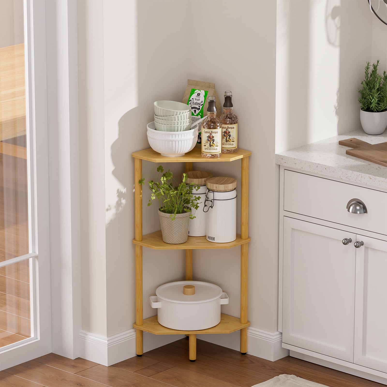 3 Tier Corner Shelf Stand Bamboo Corner Bookshelf Corner Bookcase with Open Shelves Display Stand Shower Caddy Plant