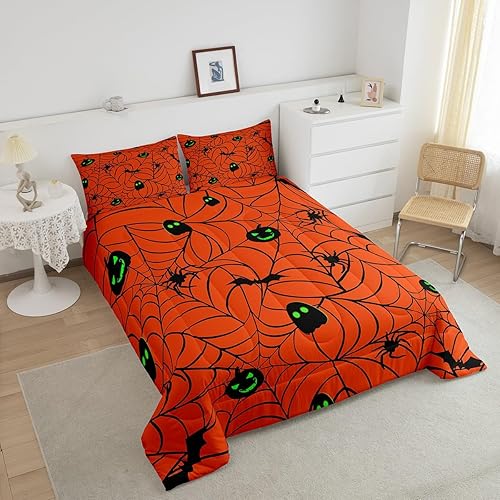 Miniatura 3 de Juego de edredón de tela de araña negra, tamaño Queen, juego de ropa de cama divertido de linterna de calabaza para niños y hombres, edredón gótico