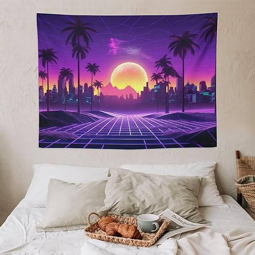 Miniatura 7 de PailailaiNest Tapiz artístico para pared, palmera, puesta de sol, morado, vaporwave, para colgar en la pared, telón de fondo para decoración de