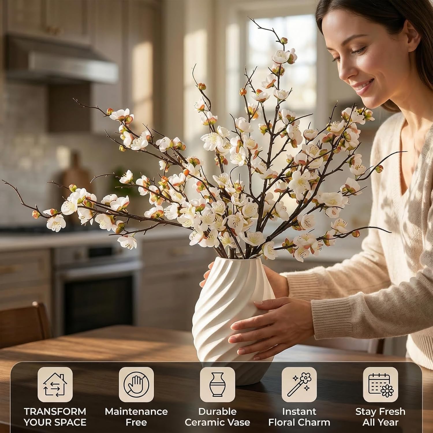 Betylifoy 4 Pcs Artificial Cherry Blossom Branches 38" Long Stems Faux Plum Blossom Flowers White Fake Flowers for Spring Decor Faux Silk Cherry Stems for Vase Arrangement Home Wedding Table Decor