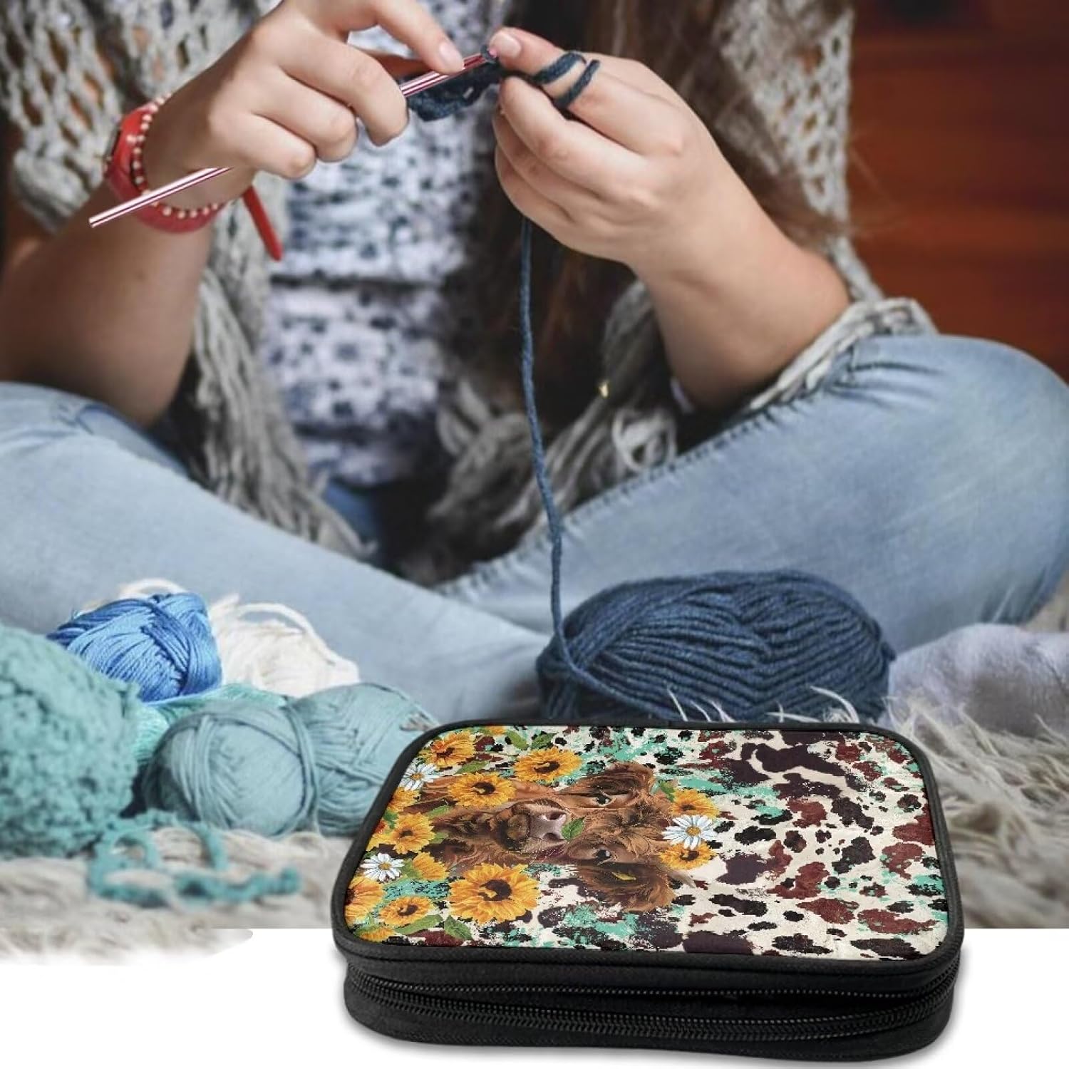 Kathyboom Crochet Hooks Case Highland Cow Sunflower Empty Zipper Bags Portable Travel Storage Bag Organizer with Web Pocket and Crochet Holder Slots