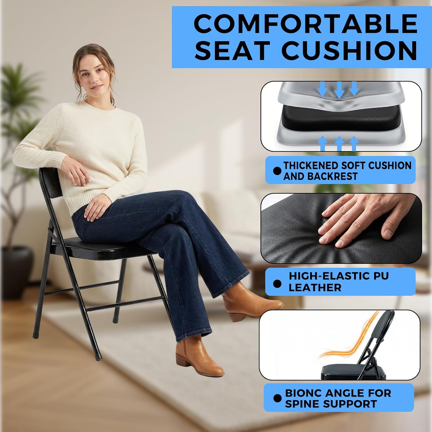4 Pack Folding Chairs with Cushion, Comfortable PU Leather Padded Foldable Dining Chairs, Heavy Duty Steel Frame, Portable Chairs for Bedroom, Dining Room, Office, Patio, Indoor & Outdoor Use (black)