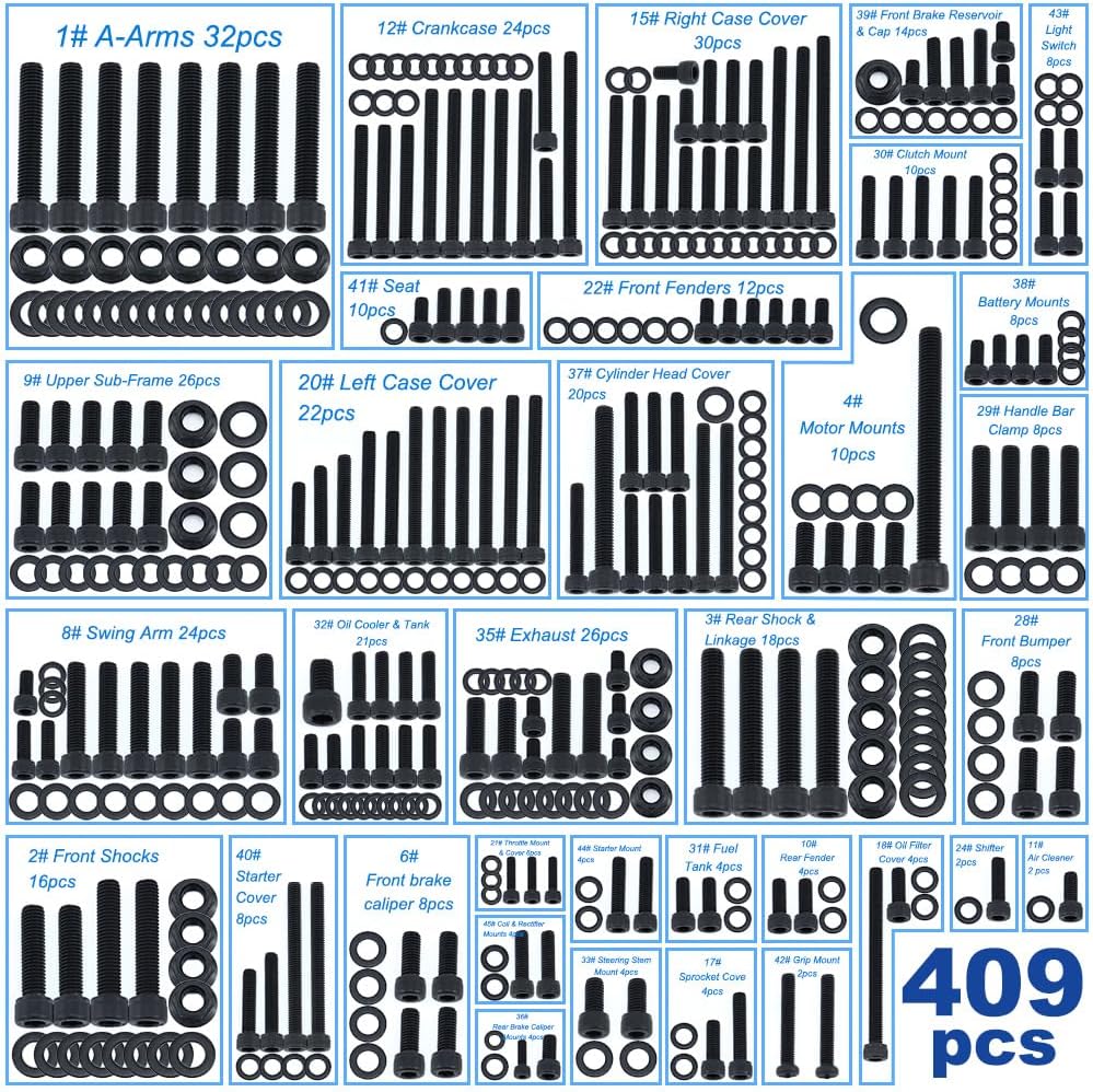 409 PCS ATV Complete Body Work Kit Set Fit for TRX400EX 2008-1999 TRX 400EX Kits, SUS304 Screw A-Arms Right & Left Case Cover Crankcase Exhaust Upper Sub-Frame Cylinder Head Cover Bolt